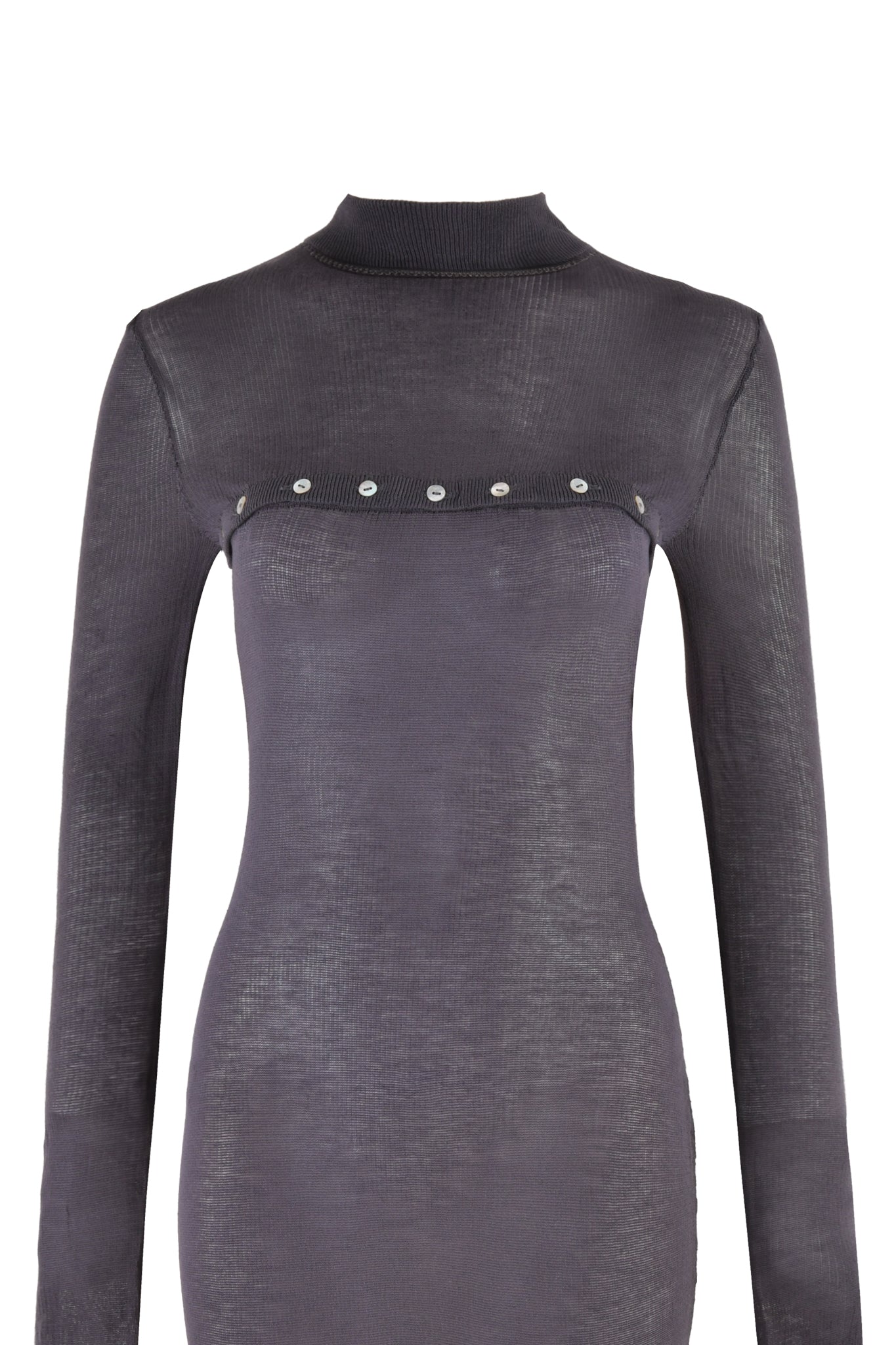 Introducing the STORM MAXI DRESS - GREY by I.AM.GIA: a long-sleeve, turtleneck dress made from sheer black fabric. This charcoal dress boasts a form-fitting mermaid silhouette and is elegantly adorned with round metallic buttons across the chest area.