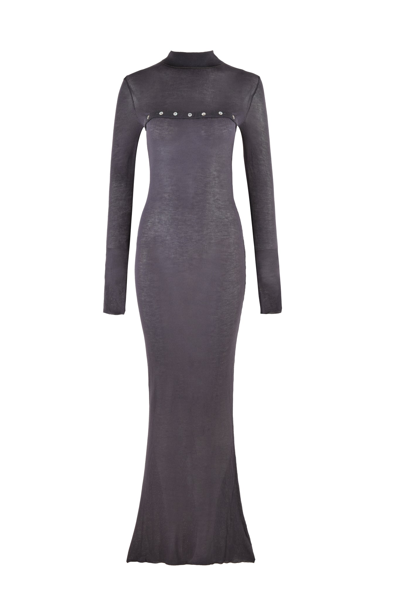 The STORM MAXI DRESS - GREY by I.AM.GIA features a full-length, long-sleeve design with a high neckline and a mermaid silhouette. This form-fitting dress is highlighted by a small row of decorative buttons just above the bust, and the material boasts a slight sheen.