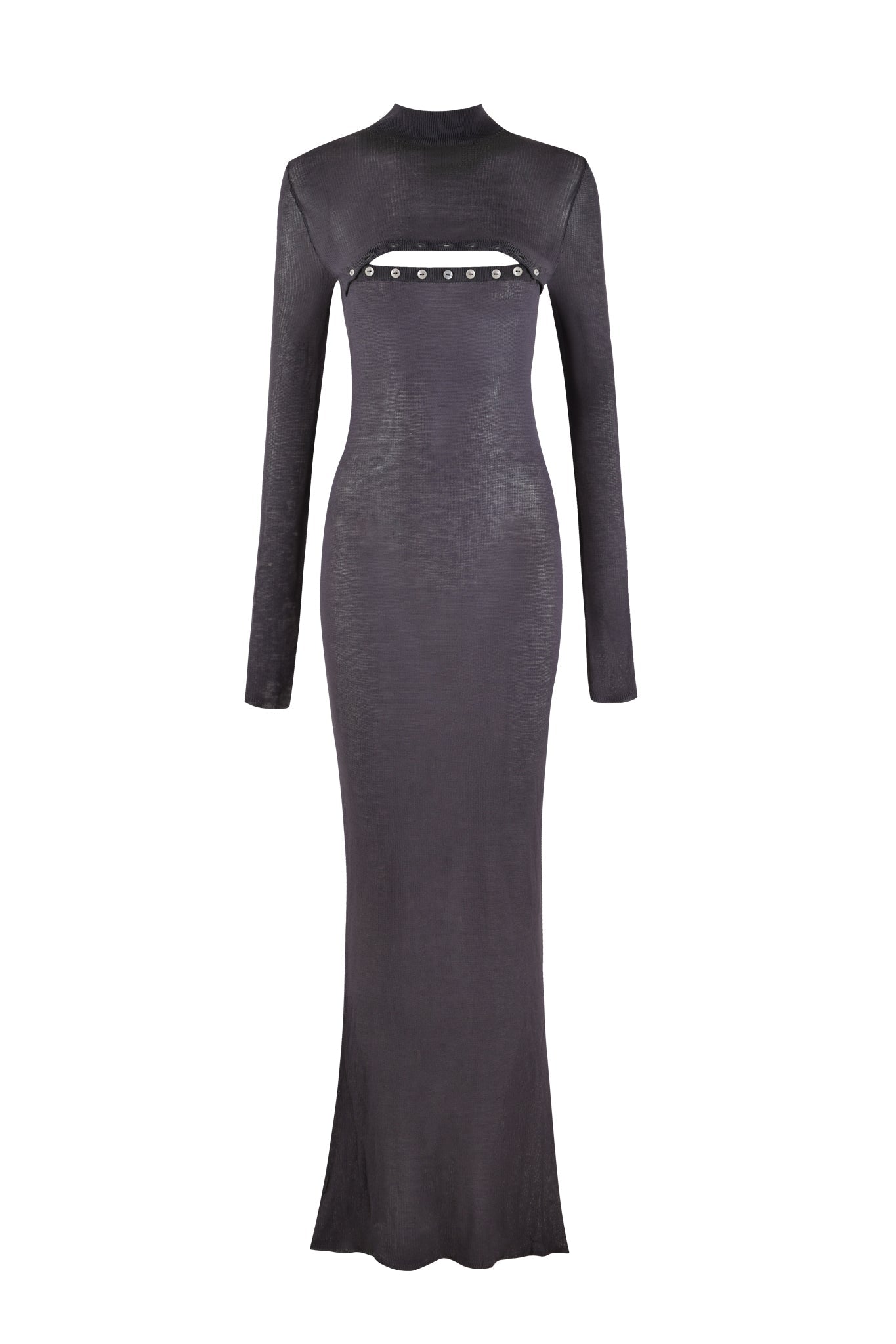 The STORM MAXI DRESS - GREY by I.AM.GIA is a long-sleeve, floor-length dress with a high neckline. This exquisite piece features a unique cutout on the chest area, highlighted by a row of silver buttons for a modern and stylish touch. Its mermaid silhouette and sleek, form-fitting fabric exude elegance and sophistication.