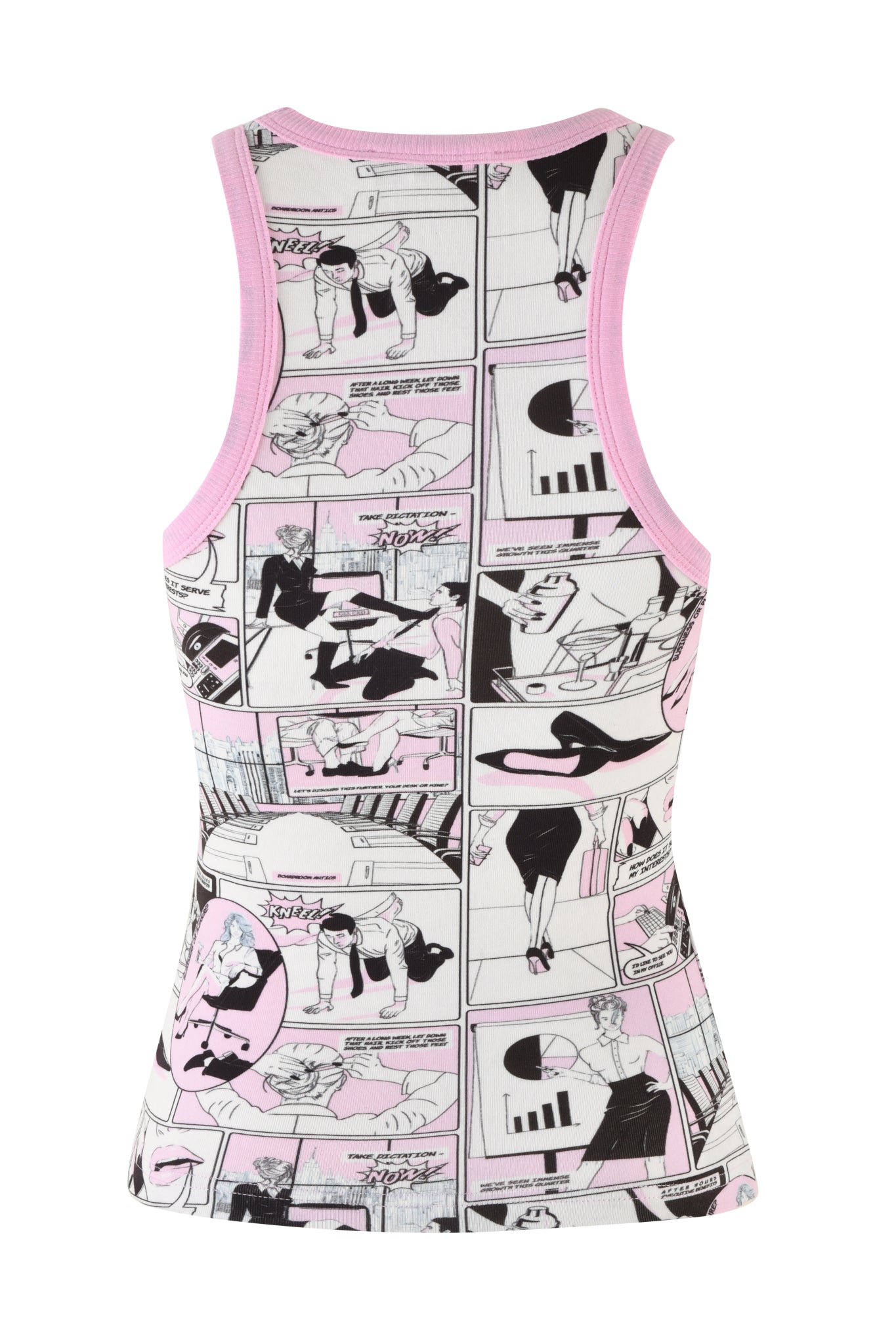 The PENELOPE TANK - PINK :COMIC PRINT by I.AM.GIA is a sleeveless top adorned with a vintage fetish comic strip design in black, white, and pink. It features various panels with scenes, speech bubbles, and characters, including women in different settings. The neckline and armholes are trimmed in light pink for a playful touch.