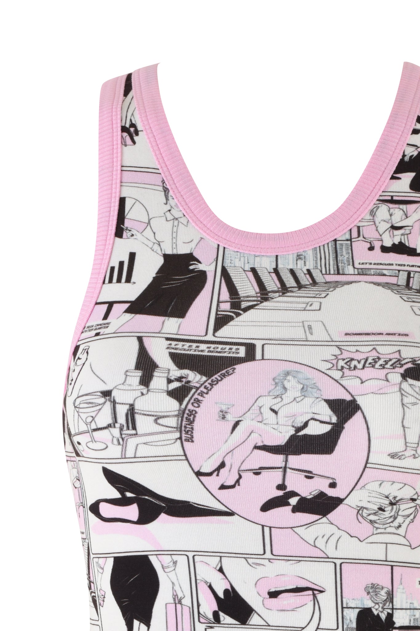 A close-up of the PENELOPE TANK - PINK :COMIC PRINT by I.AM.GIA, featuring vibrant comic book art. The tank top is adorned with pink trim and showcases vintage fetish comic strips in black, white, and pink, depicting diverse scenes and characters.
