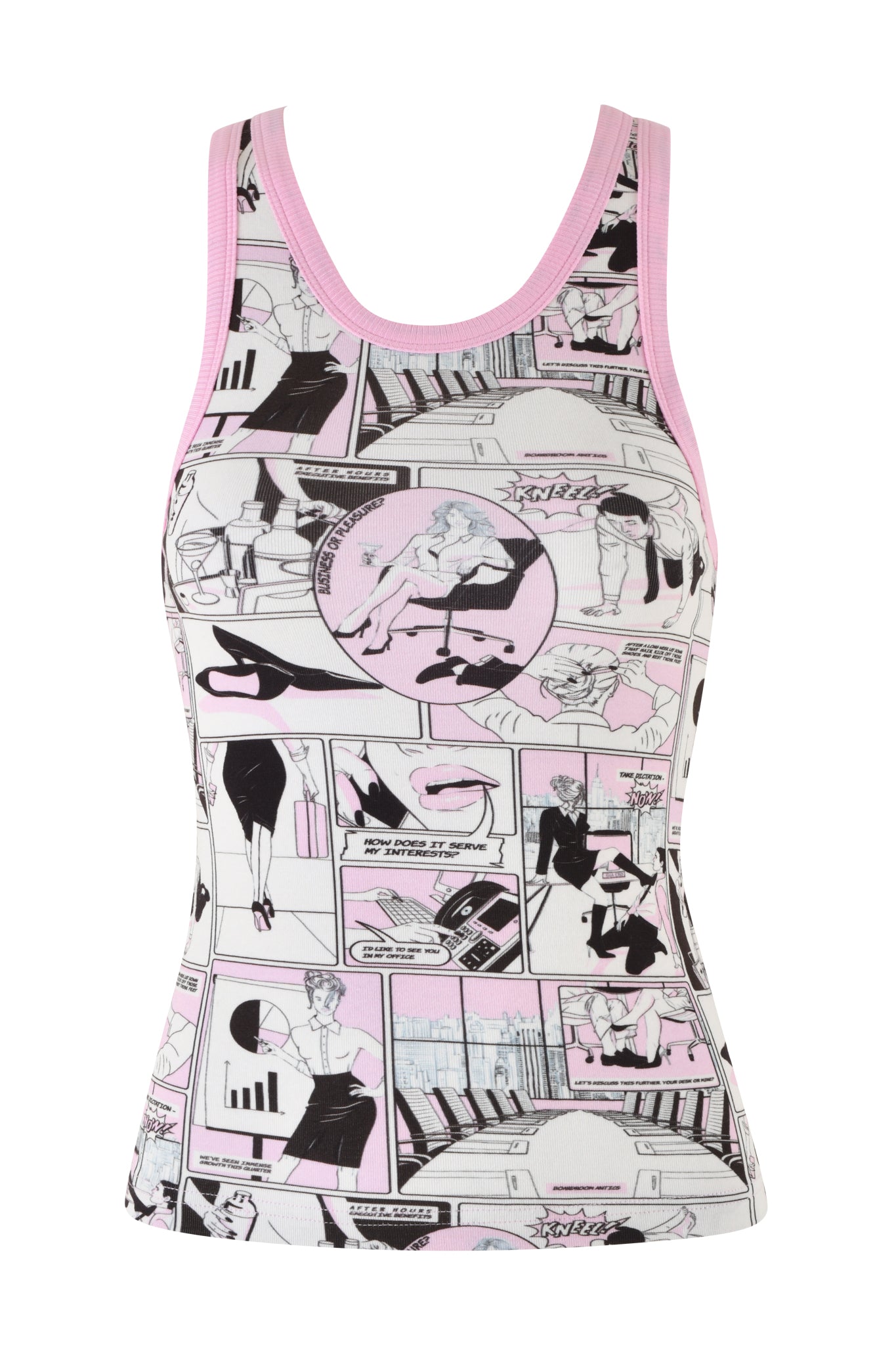 The PENELOPE TANK - PINK :COMIC PRINT by I.AM.GIA is a sleeveless, fitted top featuring pink trim and a vibrant comic book print in black, white, and pink. The design incorporates various panels depicting scenes with speech bubbles and stylized characters reminiscent of vintage fetish comic strips.