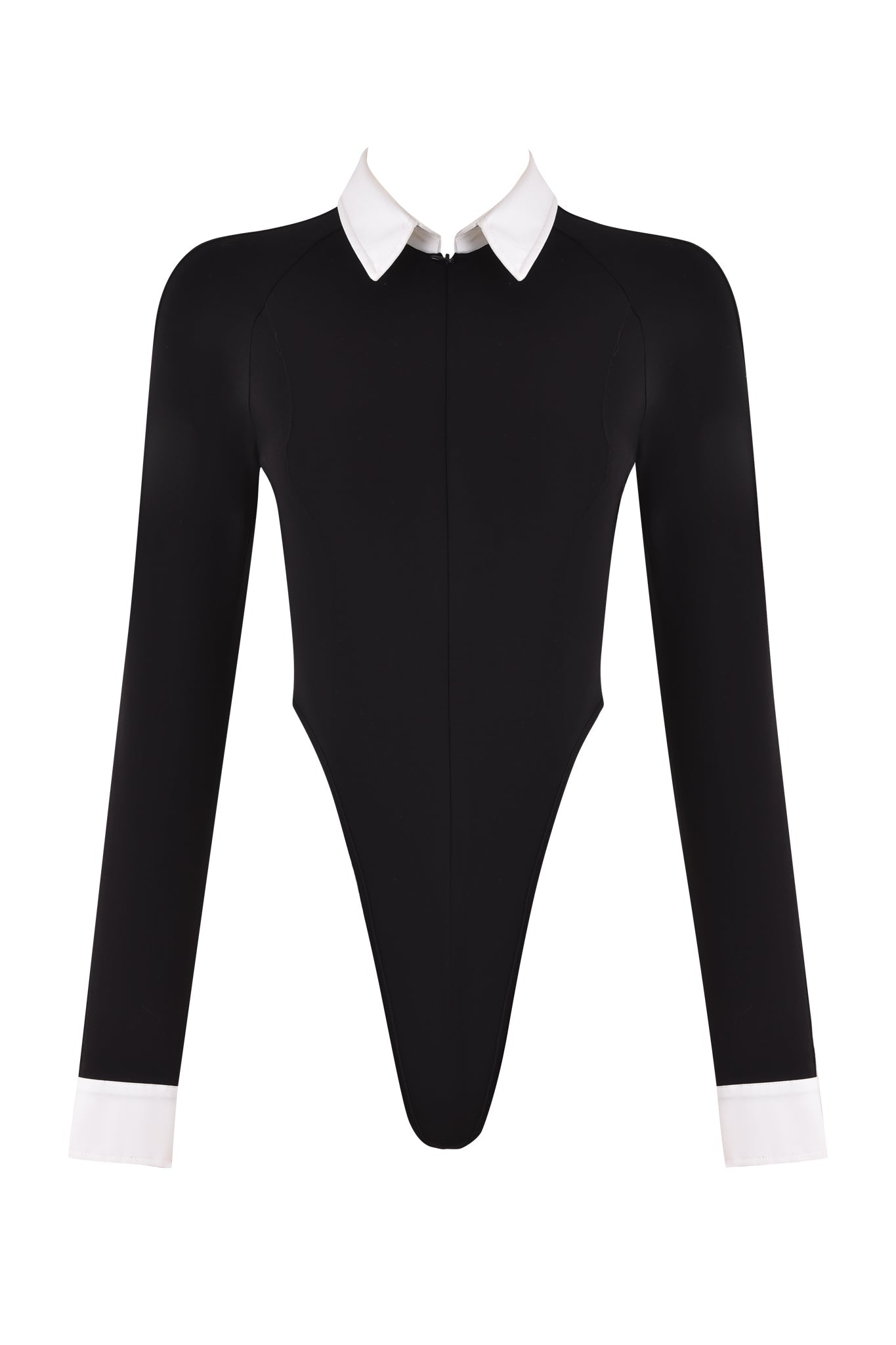 The TARA TUXEDO BODYSUIT - BLACK by I.AM.GIA is a long-sleeve bodysuit featuring a sleek black design with crisp white collar and cuffs. Designed for a bodycon silhouette, it offers a fitted look with a zipper running down the front from collar to waist.