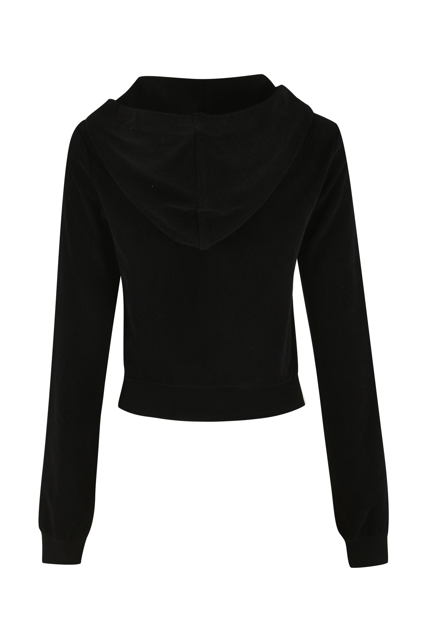 A back view of the I.AM.GIA Kameron Terry Jacket - Black, a stylish long-sleeve hooded jacket featuring a drawstring hood and ribbed cuffs on the sleeves. The fabric is soft with a slightly textured surface, ideal for custom print designs.