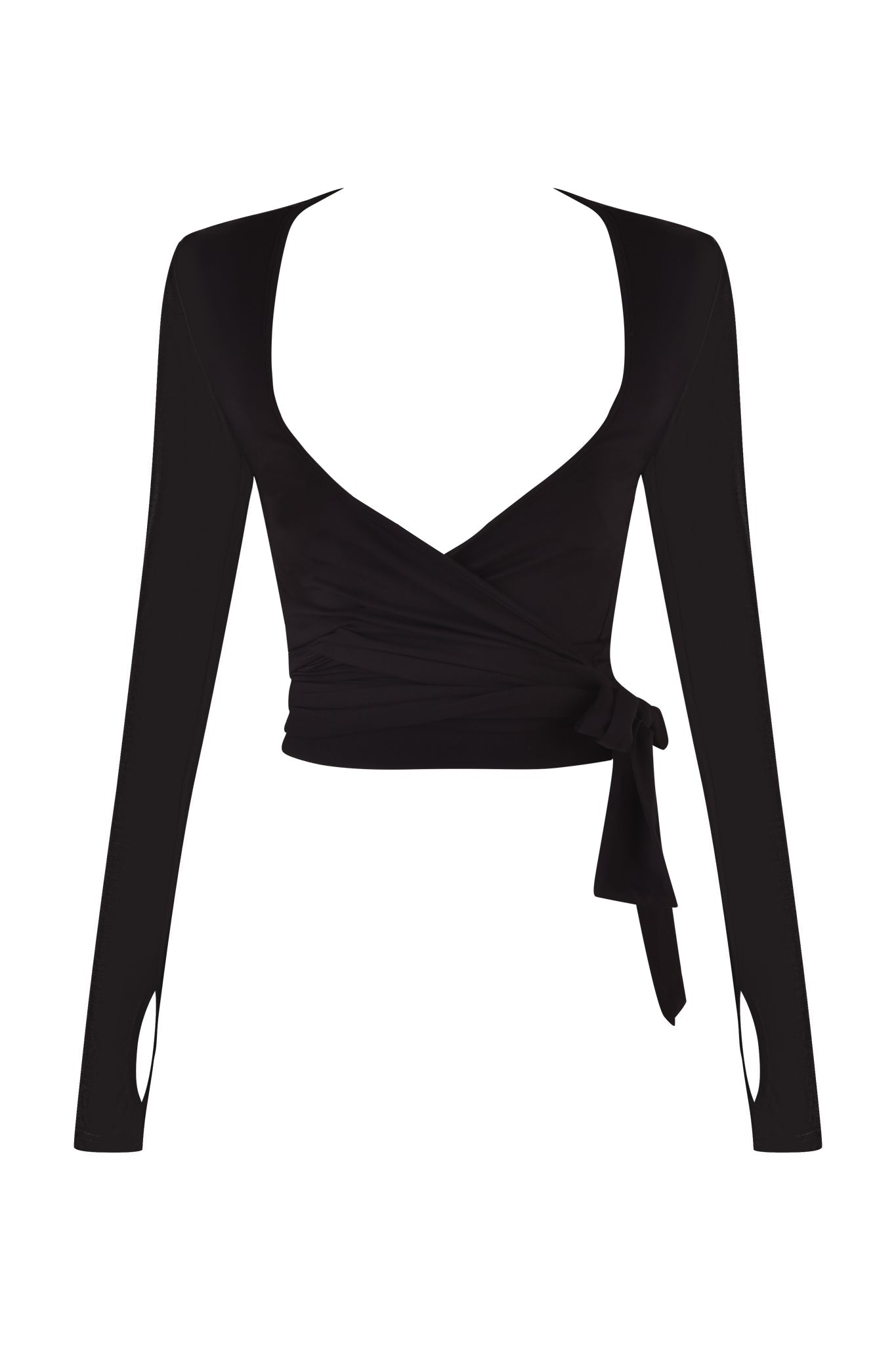 Introducing the MANDY TOP - BLACK by I.AM.GIA: This luxurious black long-sleeve wrap crop top features a deep V-neckline and a bodycon silhouette. It boasts a chic tie closure at the side, thumbholes in the sleeves, and is made from super soft stretch bamboo for a fitted, stretchy feel. Set against a pristine white background.