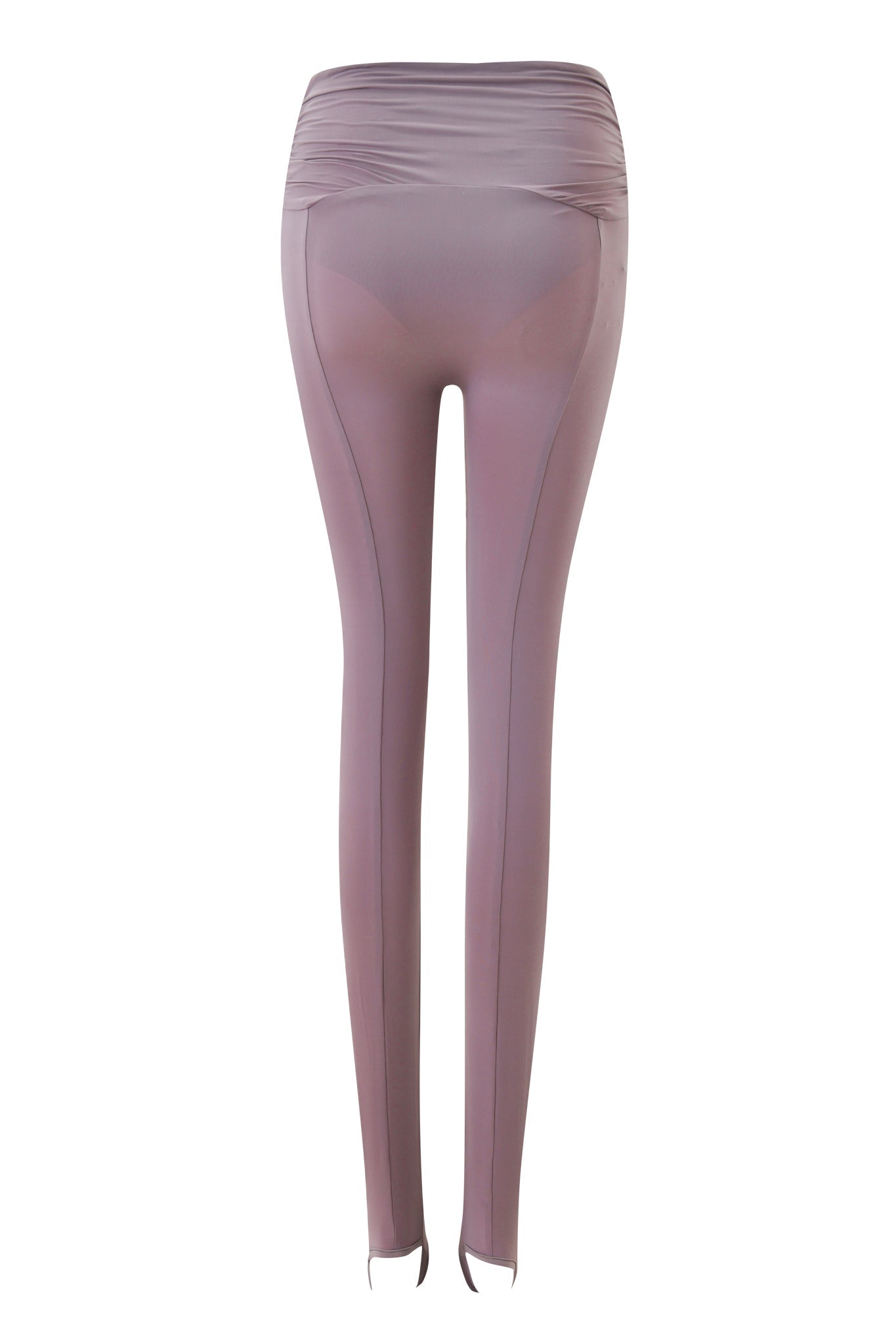 The I.AM.GIA NERINA LEGGING in Dusty Lilac is a high-waisted, full-length piece with visible seams, ruched waistband, and sheer high-stretch hosiery fabric that reveals undergarments. Shown from the back.