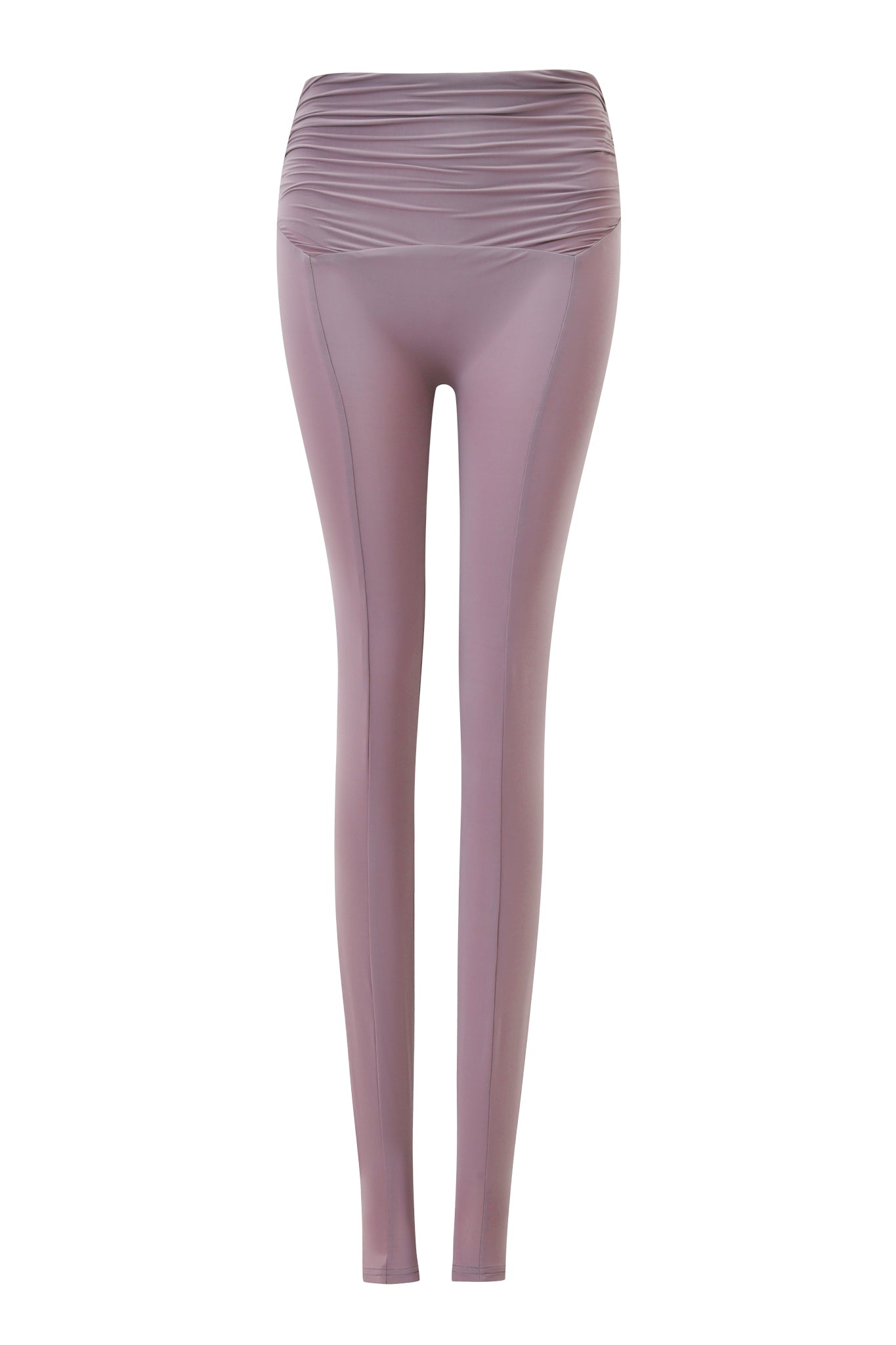 The I.AM.GIA NERINA LEGGING in Dusty Lilac features a high-waisted, full-length design with ruched waistband detailing and is made from high-stretch hosiery, displayed on a plain white background.