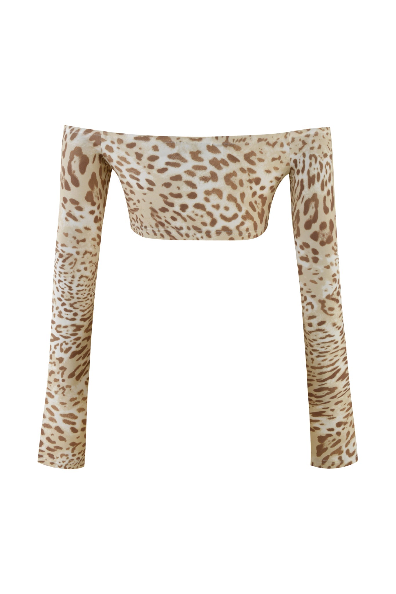 The GERI TOP - NEUTRAL : LEOPARD : LEOPARD LIMBO by I.AM.GIA is a super cropped, off-the-shoulder long-sleeve top featuring the Leopard Limbo print, which combines light and dark brown spots on a beige background for a stylish bodycon fit.