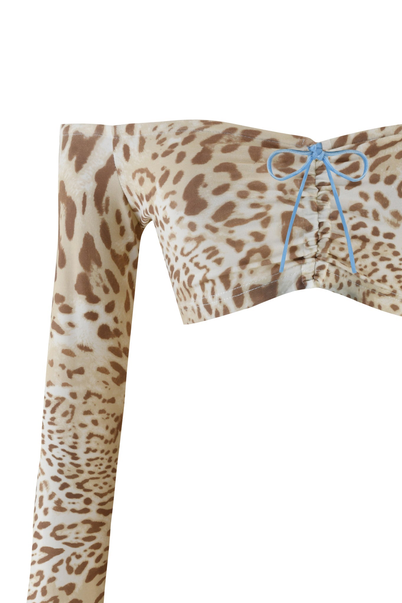 Introducing the GERI TOP from I.AM.GIA, a super cropped off-the-shoulder piece with long sleeves, showcasing the unique Leopard Limbo print. It also features a small blue bow at the center and offers a chic bodycon fit.