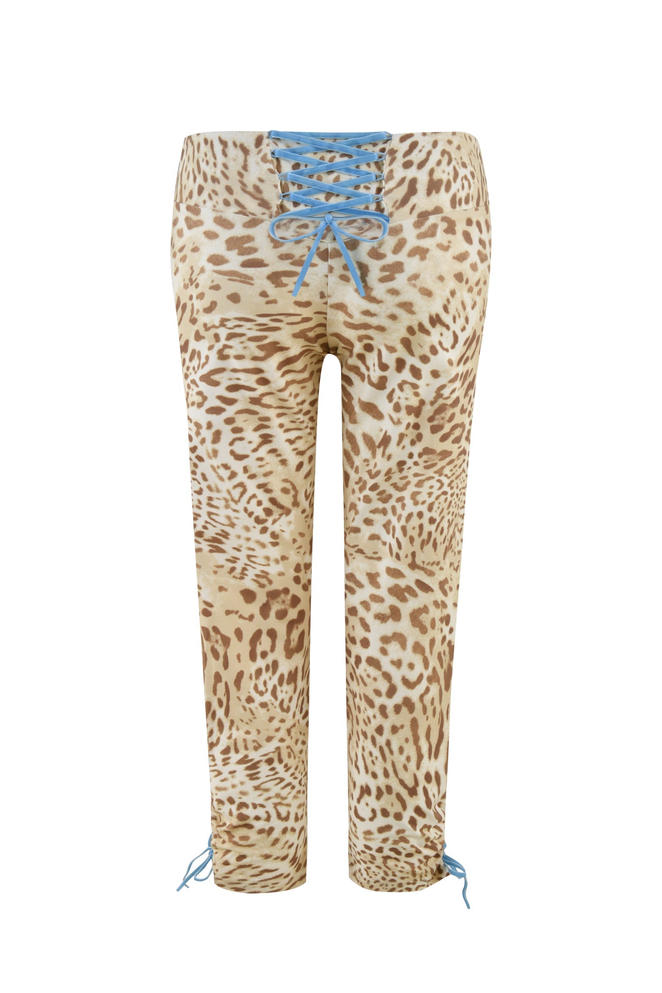 The GERI CAPRI - NEUTRAL : LEOPARD : LEOPARD LIMBO pants from I.AM.GIA feature a low-rise fit with light blue lace-up detailing on both the waistband and ankles, presented against a white background.