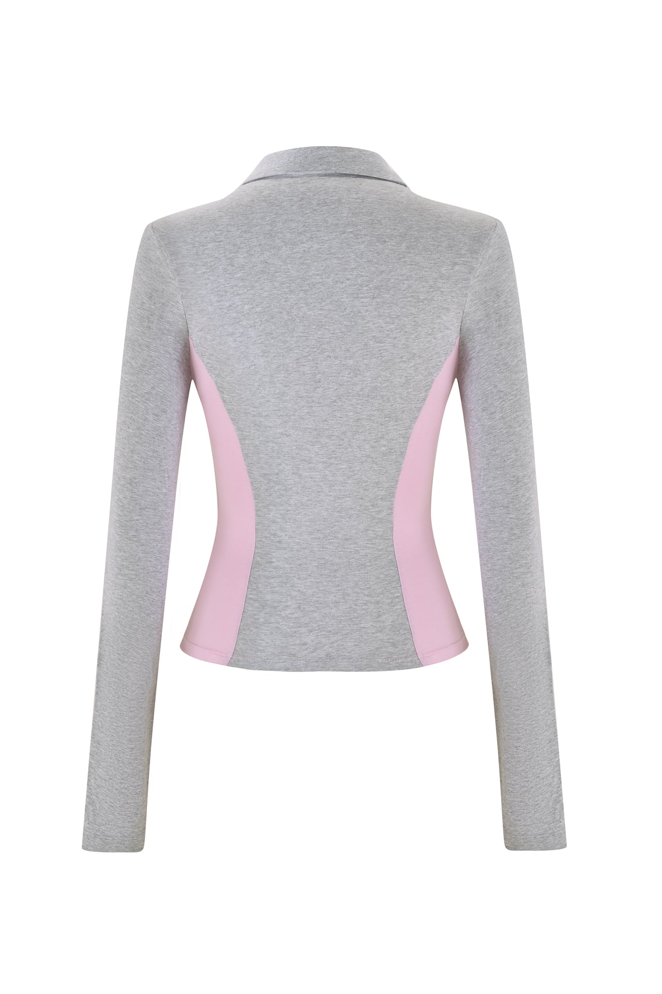 Presenting the JENNIFER TOP - GREY by I.AM.GIA, this long-sleeved fitted jacket showcases a light gray hue complemented by pink side panels. It features a structured collar and a tailored, bodycon silhouette for an effortlessly sleek appearance.