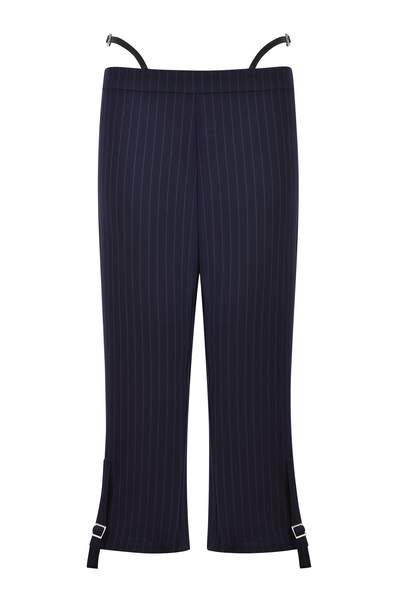 Close-up of the lower part of the MARRION CAPRI - BLUE : PINSTRIPE by I.AM.GIA, showcasing fine vertical stripes. These navy capris feature a strap with a small silver buckle near the bottom hem of each leg, enhancing the adjustable side straps and straight leg silhouette.