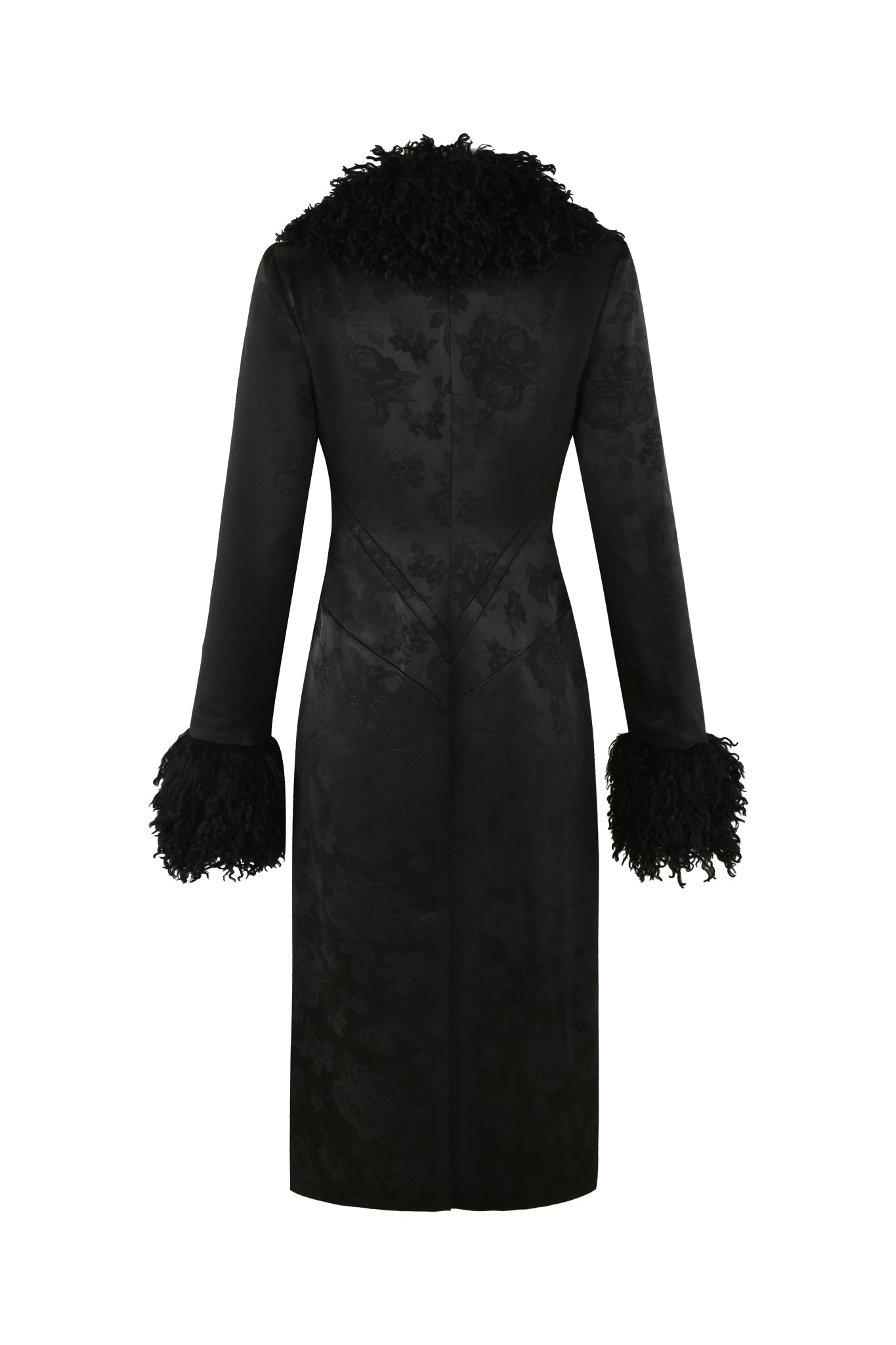 The TAMERA COAT - BLACK by I.AM.GIA features a sleek black floral jacquard design, accented with a soft faux Mongolian fur collar and cuffs. This knee-length piece offers a fitted silhouette that exudes timeless sophistication.