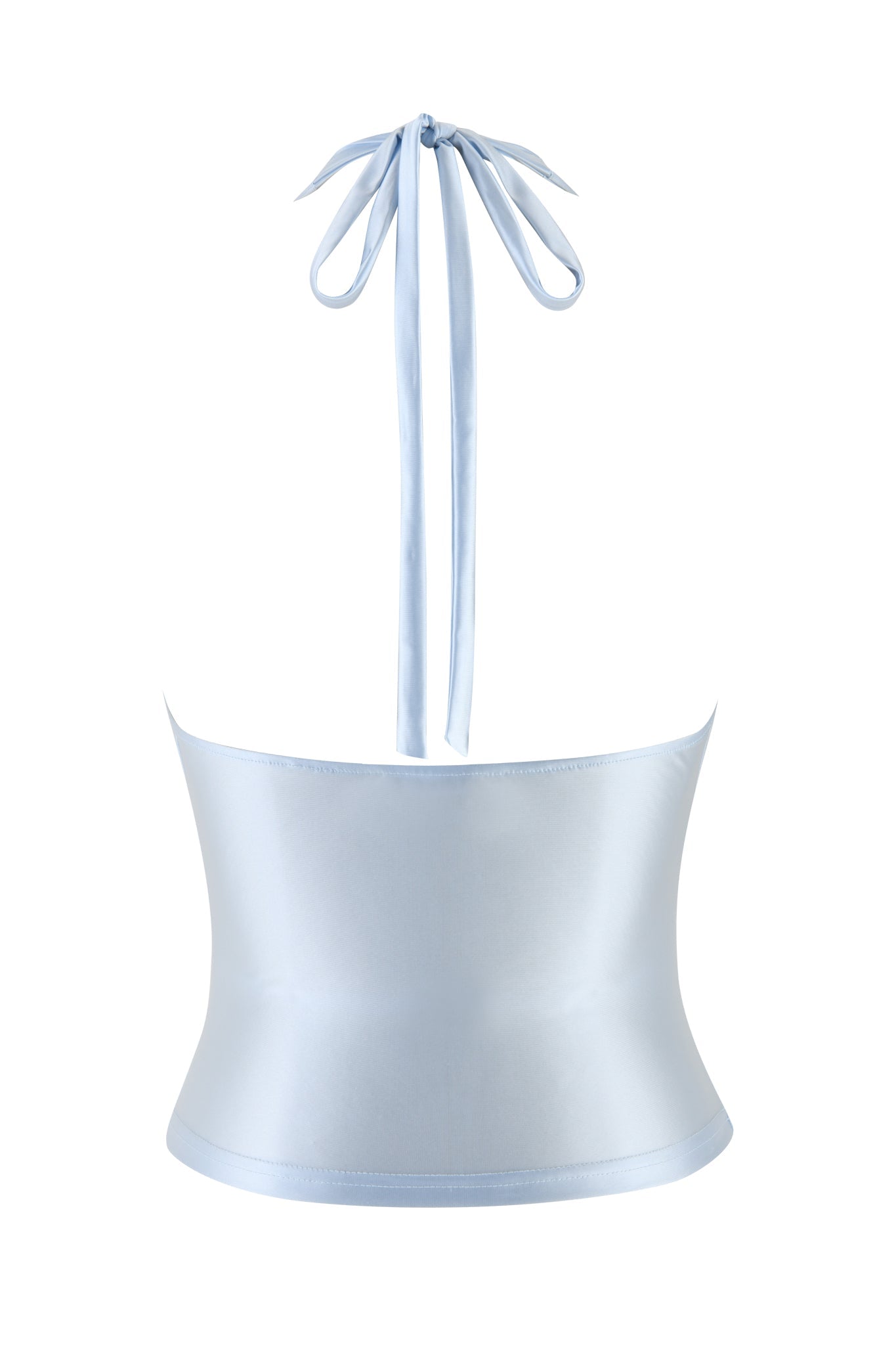 The ELYSIA TOP - BLUE : BABY BLUE by I.AM.GIA is an ice blue satin knit halter top with a tie at the neck, featuring a smooth, fitted design and a subtle sheen. It is displayed from the back against a white background.