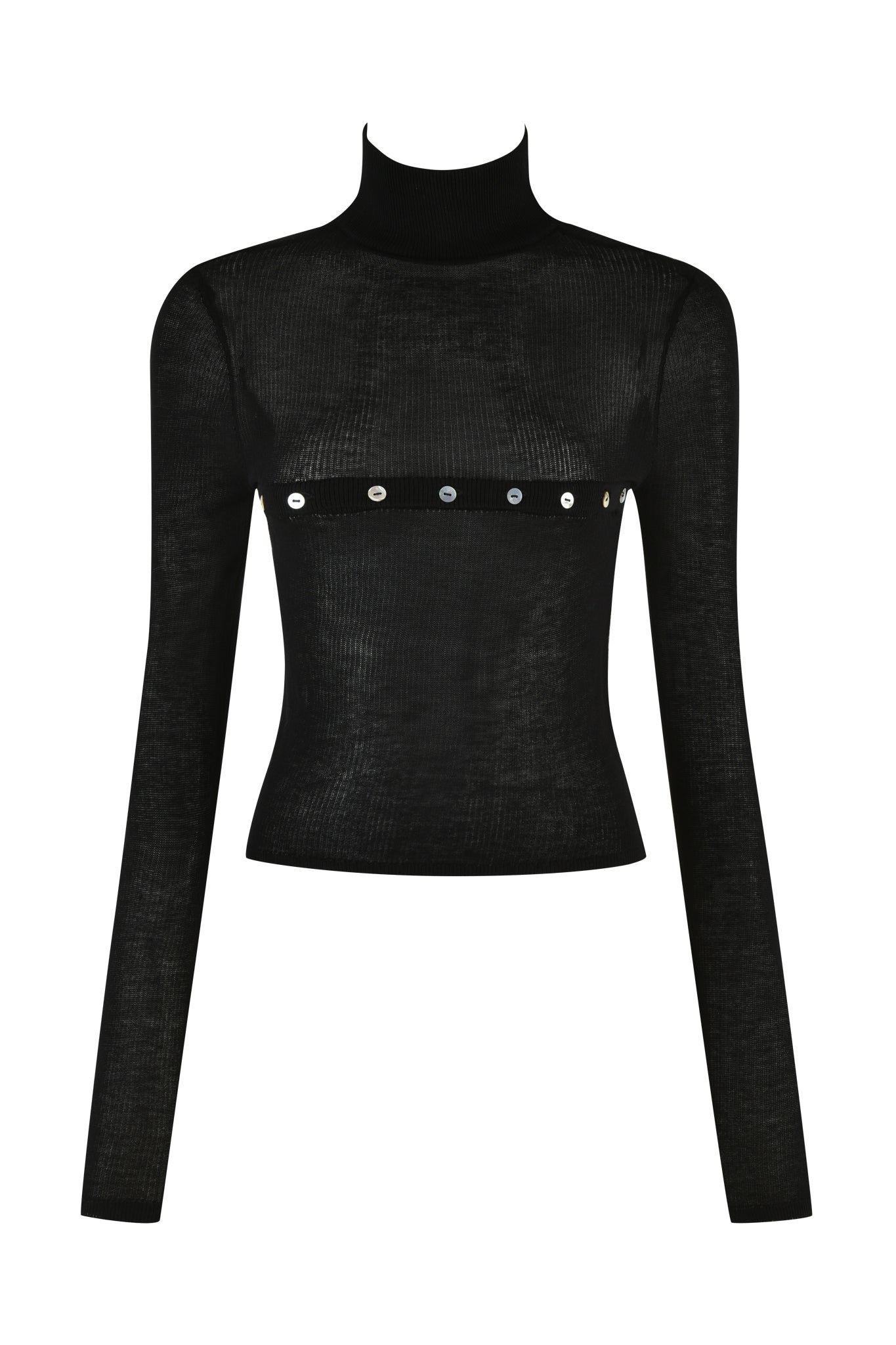The STORM TOP - BLACK by I.AM.GIA is a long-sleeve, black mock turtleneck top with a bodycon fit and a fitted silhouette. It features a strip of fabric with decorative metal grommets running horizontally across the upper chest area and has a semi-sheer appearance.