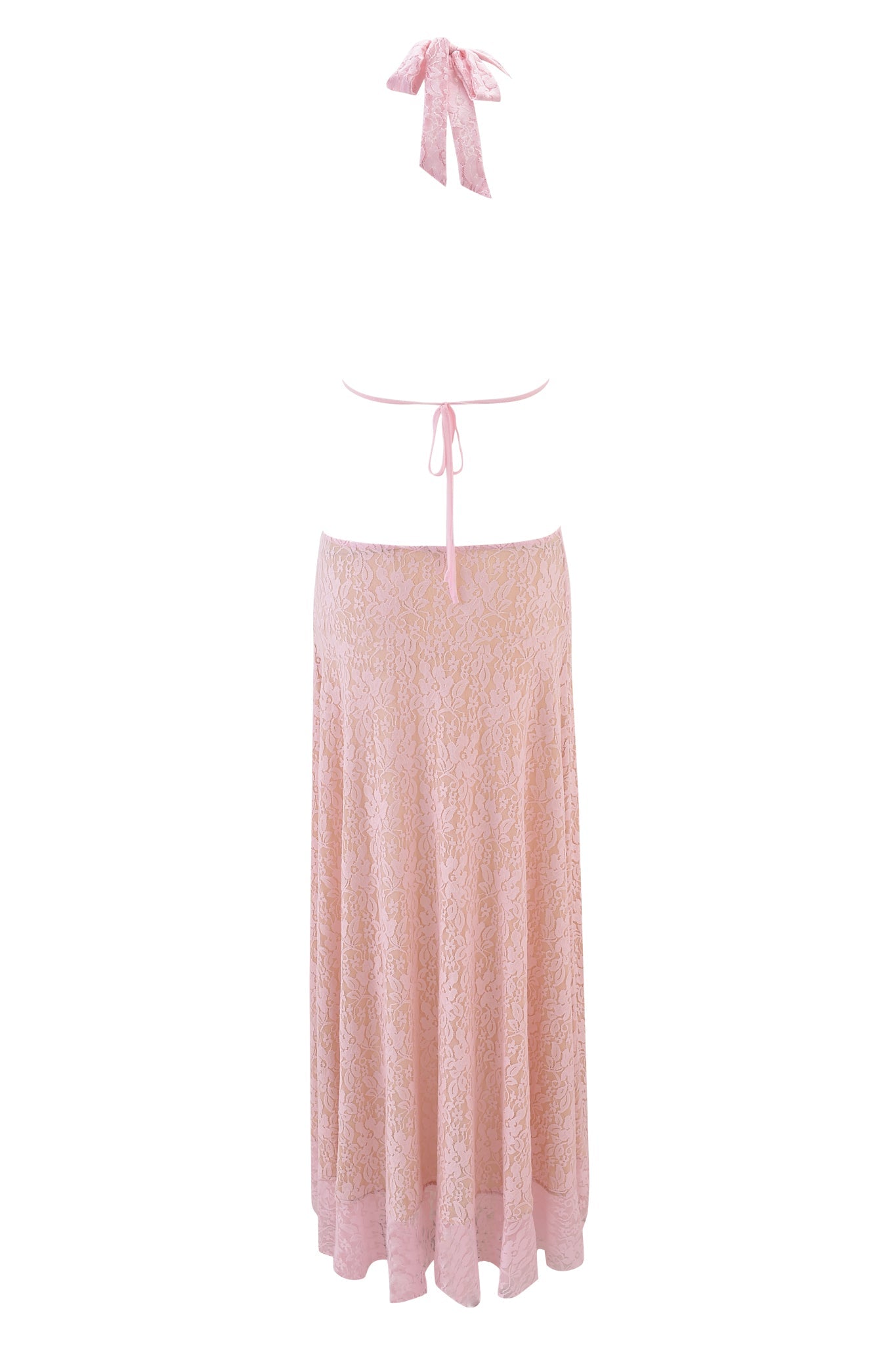 The IRISIA LACE HALTER MAXI DRESS in baby pink by I.AM.GIA features a halter neck, open back with tie straps, and a flowing ankle-length skirt—blending delicate lace details with effortless elegance.