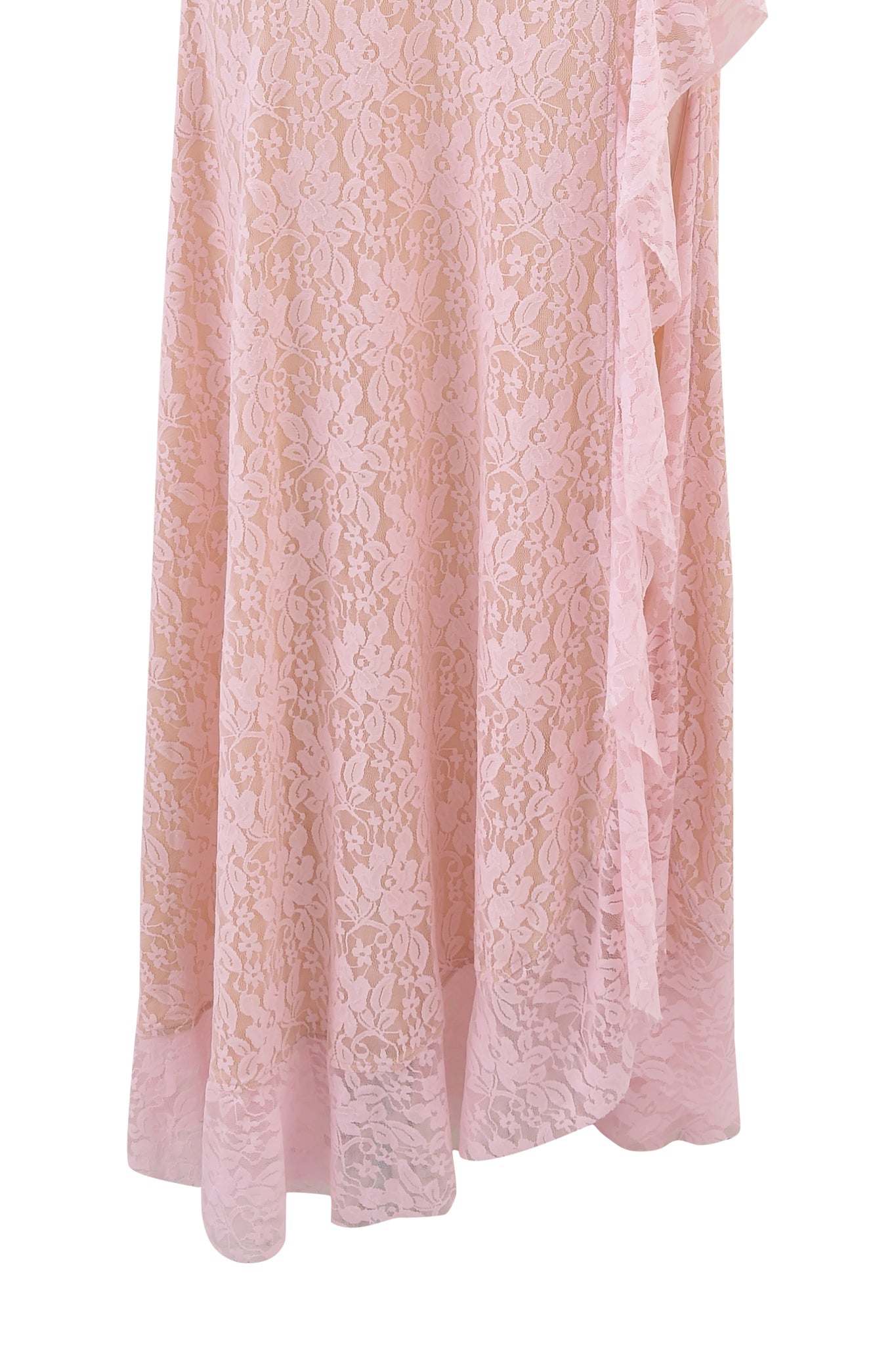 A close-up of the I.AM.GIA IRISIA Lace Halter Maxi Dress in baby pink, featuring a floral lace pattern, asymmetrical ruffle hem, and sheer finish.