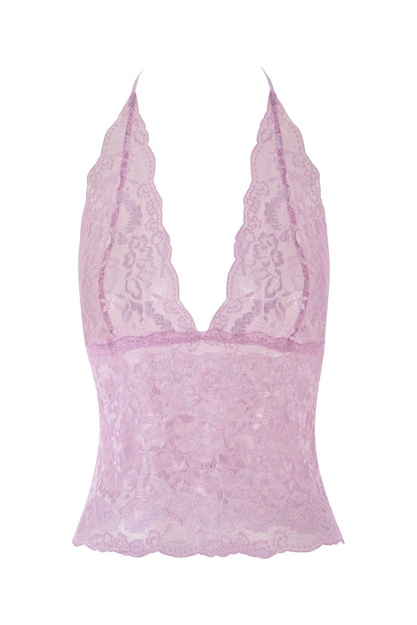 The GEM HALTER TOP - PURPLE : LILAC by I.AM.GIA is a sheer lilac purple halter top featuring a bodycon fit, intricate floral patterns, and a deep V-neck. Scalloped edges enhance its delicate charm.