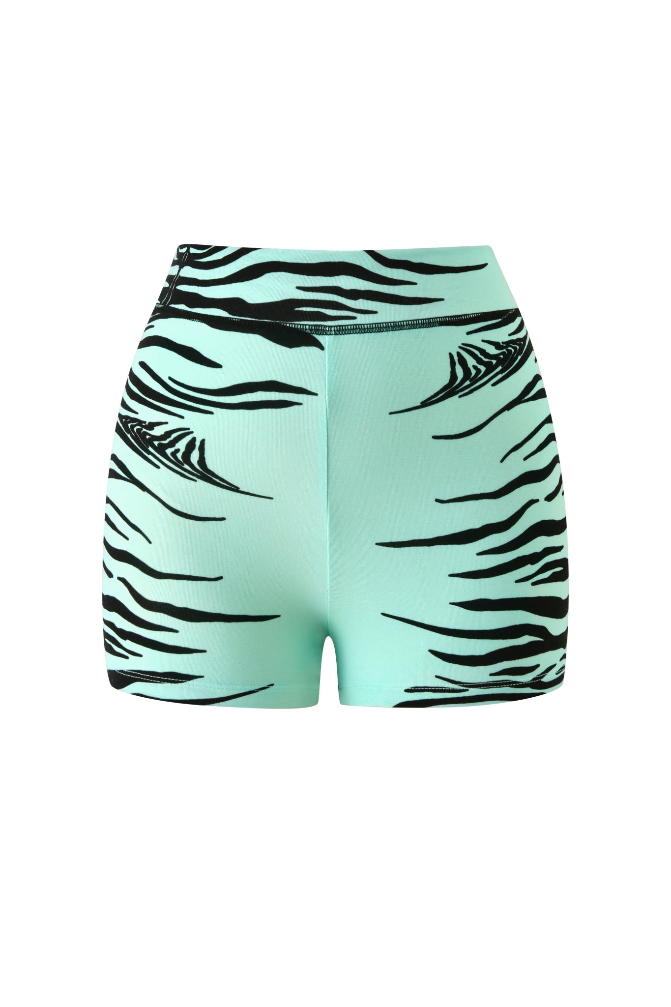 The I.AM.GIA BLARE SHORT in Aqua Fine Line Zebra features a mint green, high-waisted design with a striking black tiger stripe pattern and is displayed from the front against a white background.