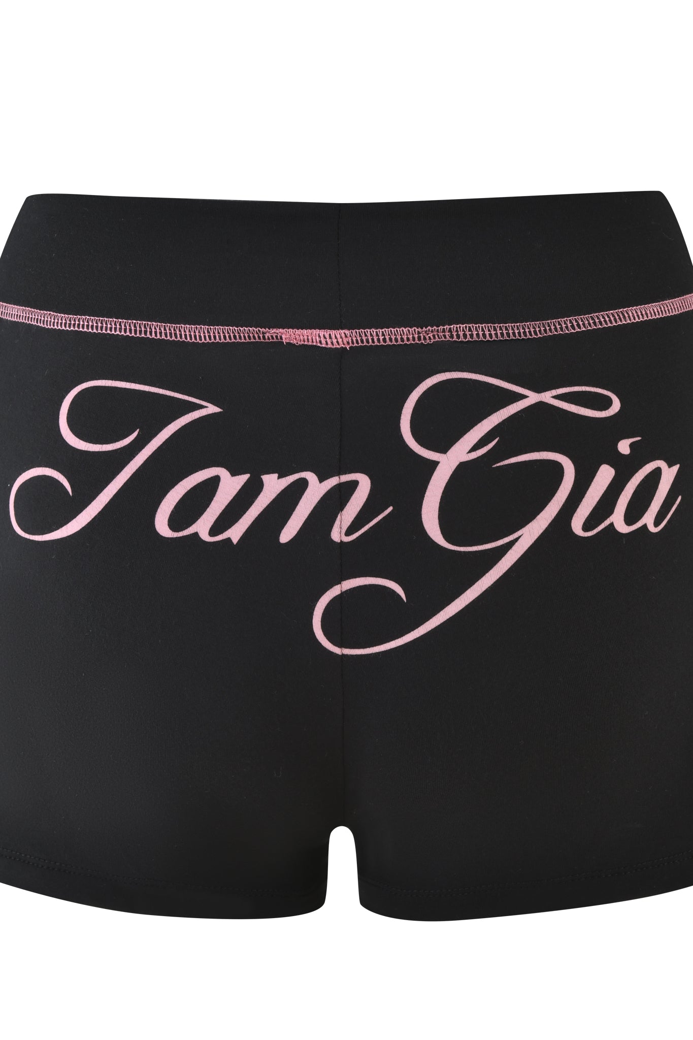 The BLARE SHORT - BLACK by I.AM.GIA offers a bodycon fit with bamboo fabric and features the brand elegantly printed in pink cursive on the back.