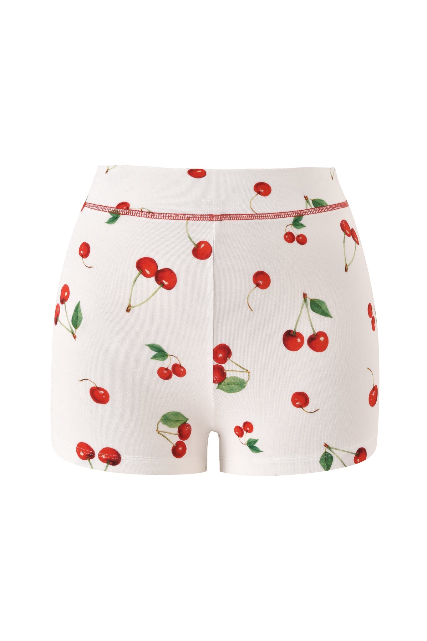 The BLARE SHORT - CHERRY ON TOP by I.AM.GIA features a white base with a playful red cherry print and green leaves. Designed with an elastic waistband for comfort and detailed with a decorative red stitched line along the top edge, these on-trend shorts are a summer must-have.
