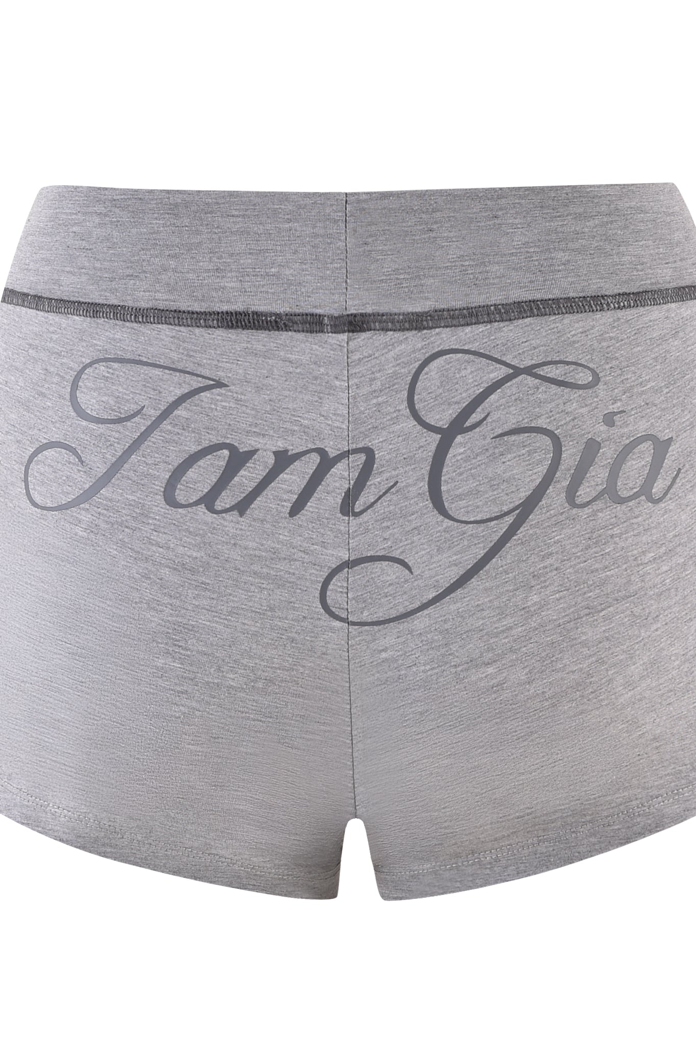 The BLARE JERSEY SHORT - GREY by I.AM.GIA features a mini length, heather grey color, darker waistband, and bold "I am Gia" script on the back, with a bodycon fit inspired by the Blare Trackpant.