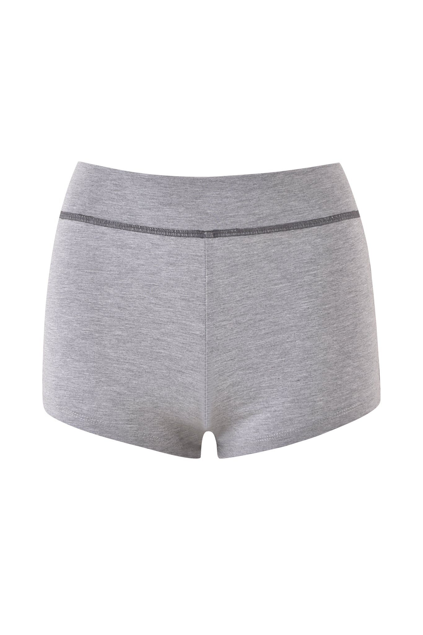 The I.AM.GIA BLARE JERSEY SHORT in Heather Grey is a women’s cotton boyshort underwear with a visible waistband seam and comfortable bodycon fit, shown against a white background.