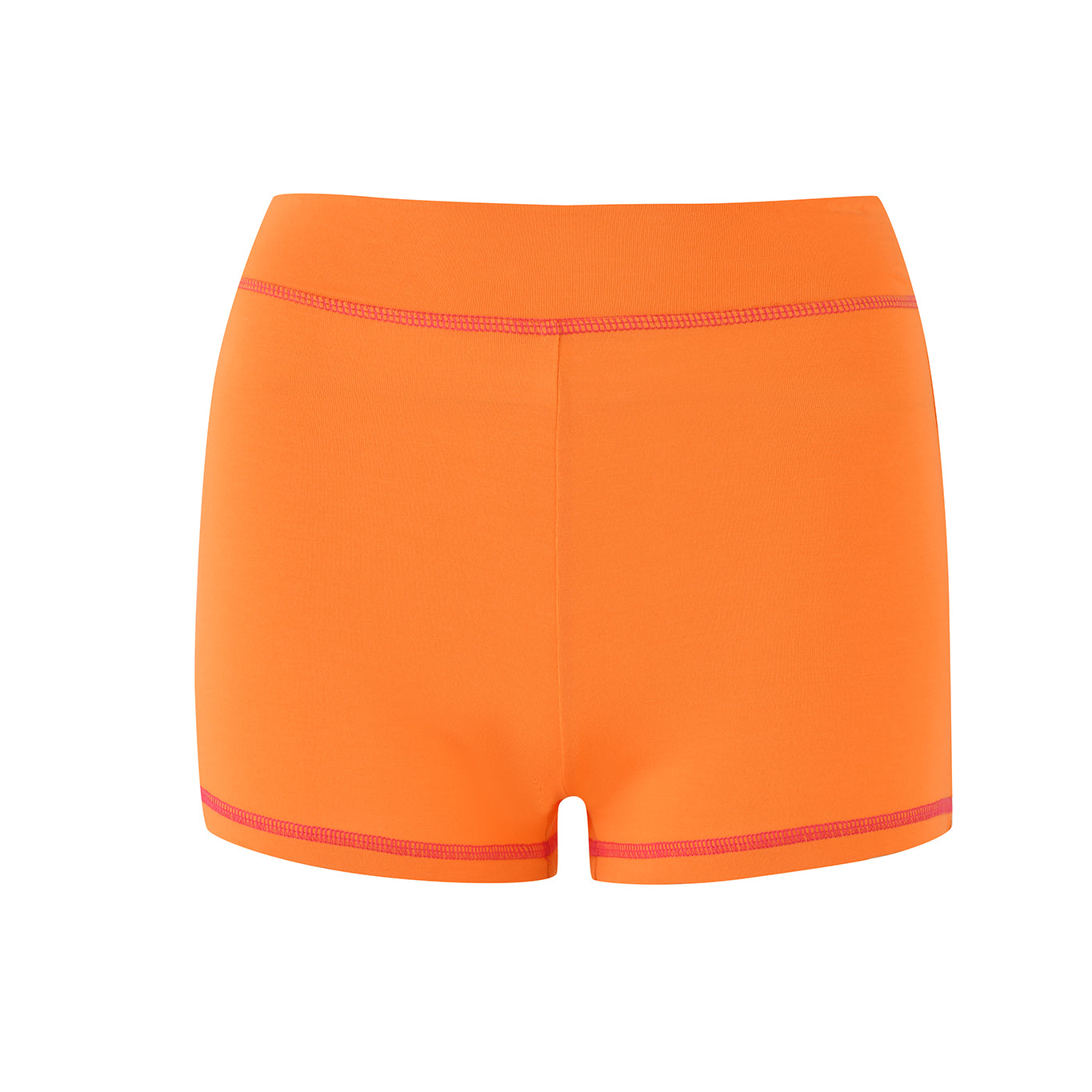 The BLARE SHORT - ORANGE by I.AM.GIA combines comfort and mobility with bright orange bamboo jersey, a high waistband, and contrasting red stitching for a minimalist look without visible logos or patterns.