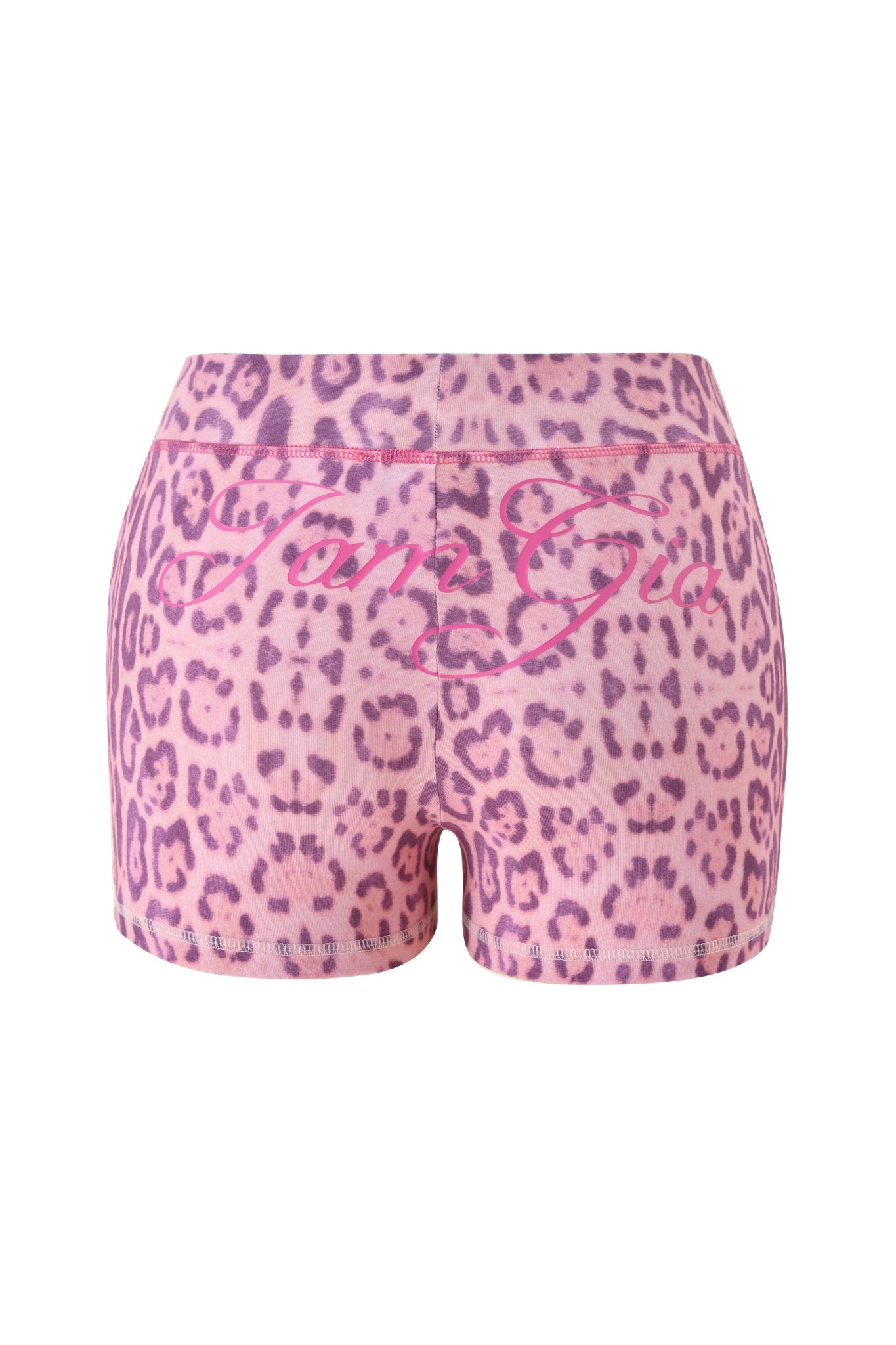 The I.AM.GIA BLARE SHORT - PINK PANTHERA features a bold leopard print and "savage" in pink script on the back, offering a fierce and playful vibe.