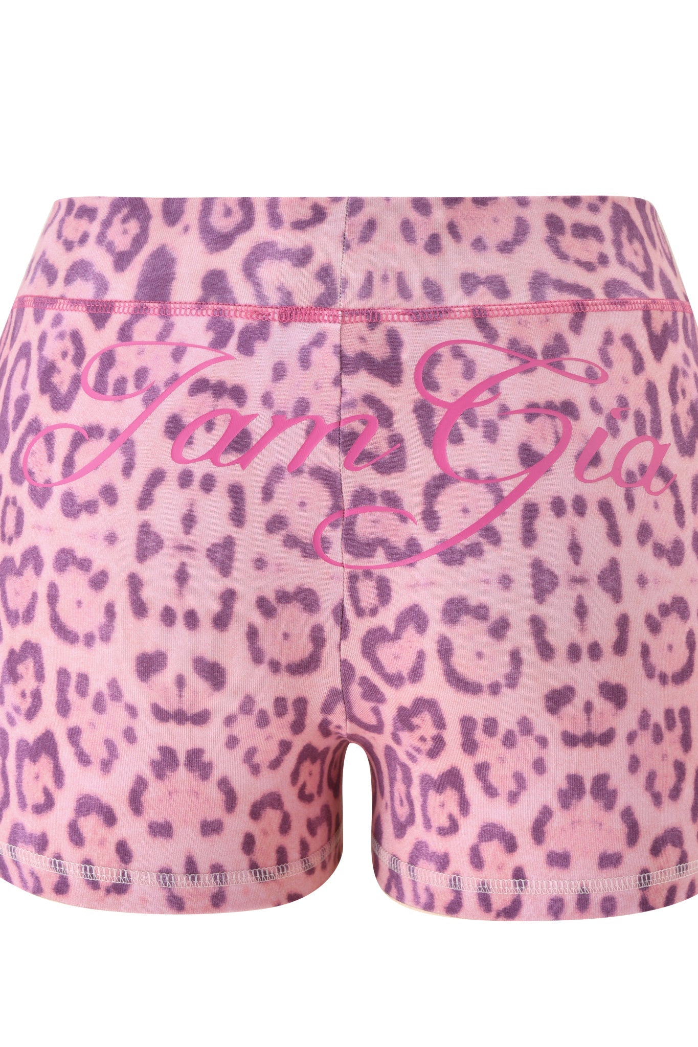 The BLARE SHORT - PINK PANTHERA by I.AM.GIA features a bold pink leopard print and "I.AM.GIA" in bright script across the back, making these shorts a fierce statement piece.
