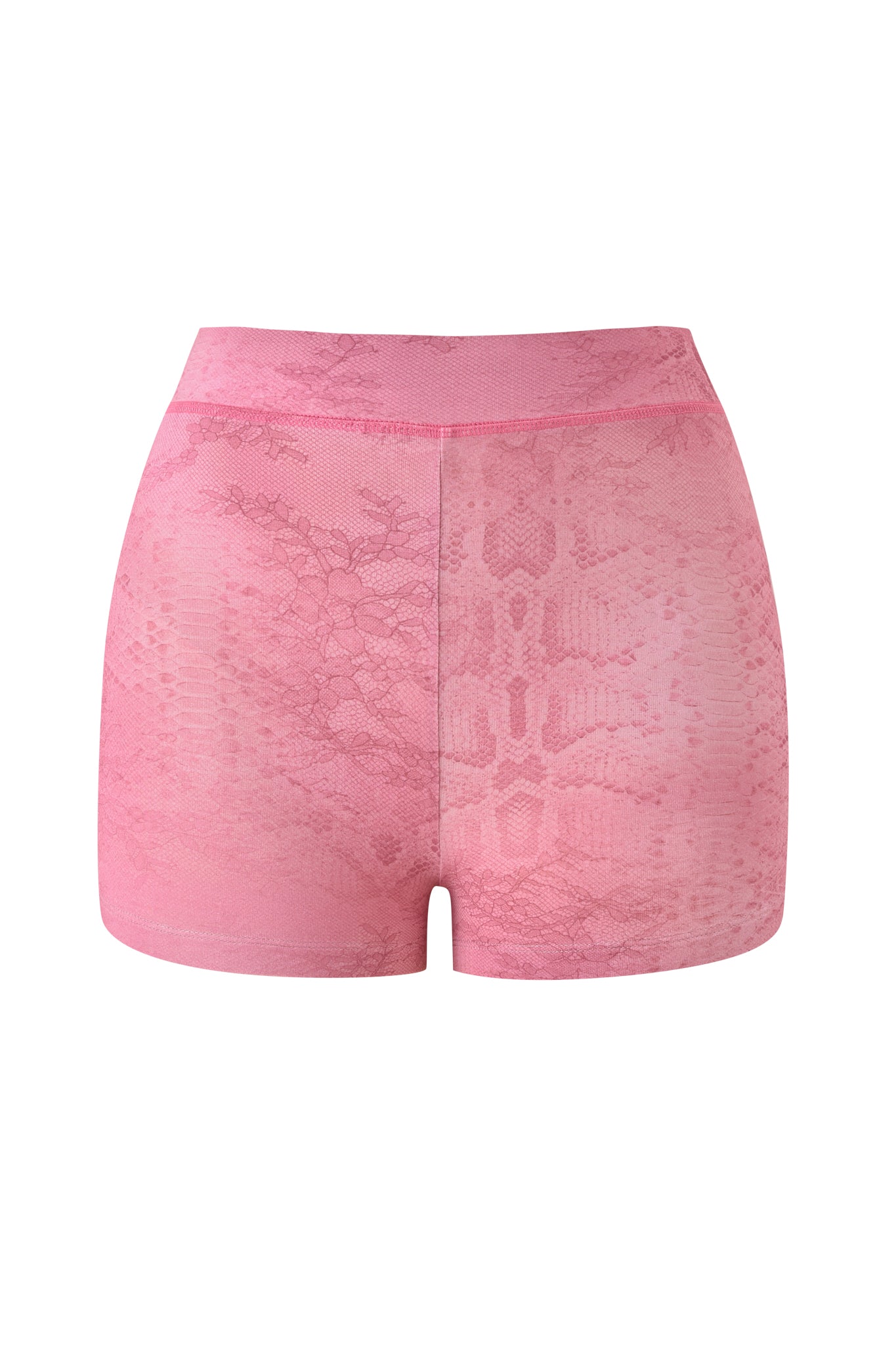 The BLARE SHORT - LIGHT PINK SERPENTINE by I.AM.GIA showcases seamless, high-waisted mini shorts with an elastic waistband and a subtle serpentine pattern, displayed against a white background. These stylish light pink shorts offer both comfort and versatility for a bold yet wearable look.