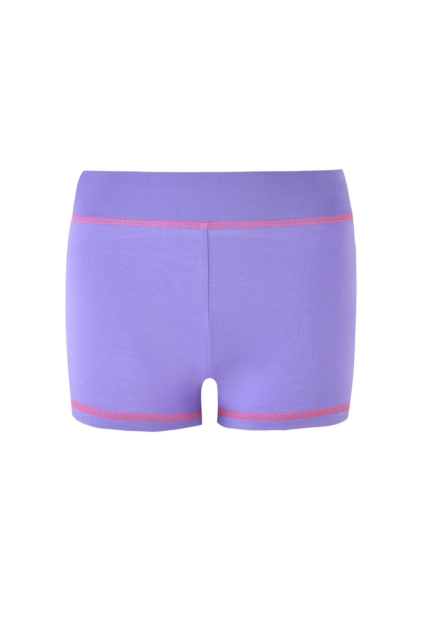 The I.AM.GIA BLARE SHORT - PURPLE shorts feature pink seams and a smooth waistband. Made from stretchy bamboo jersey, they offer a mid-rise waist for comfort. These stylish athletic shorts are showcased against a clean white background.