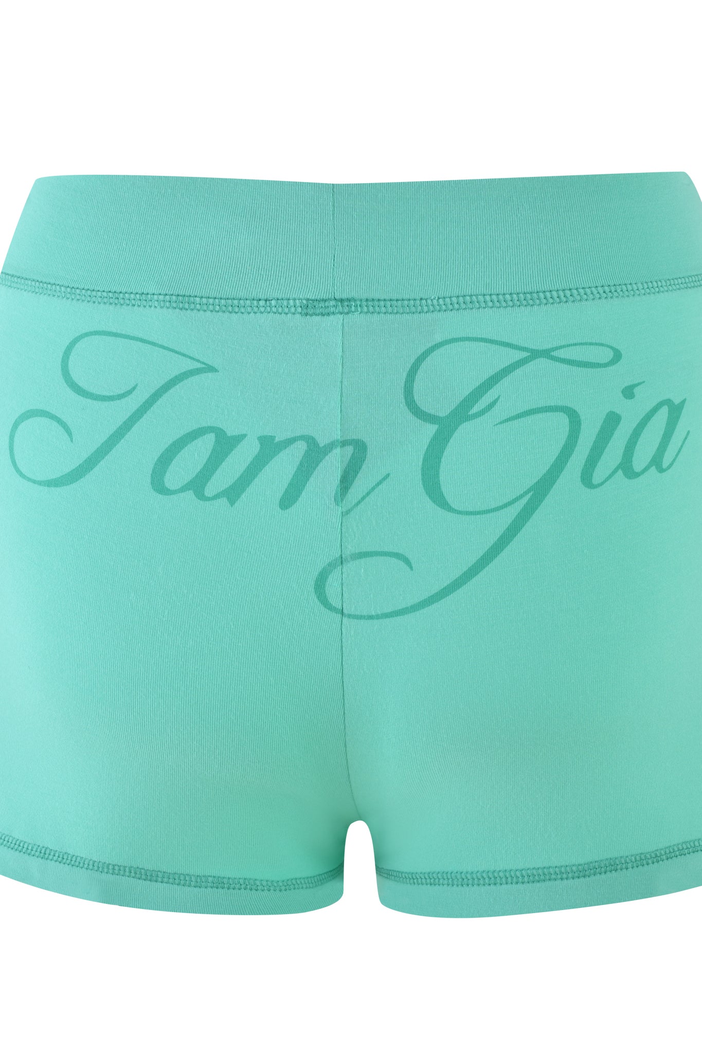 Mint green BLARE SHORTS by I.AM.GIA, high-waisted and crafted from bamboo stretch fabric for ultimate comfort, feature "I AM GIA" in cursive across the back.
