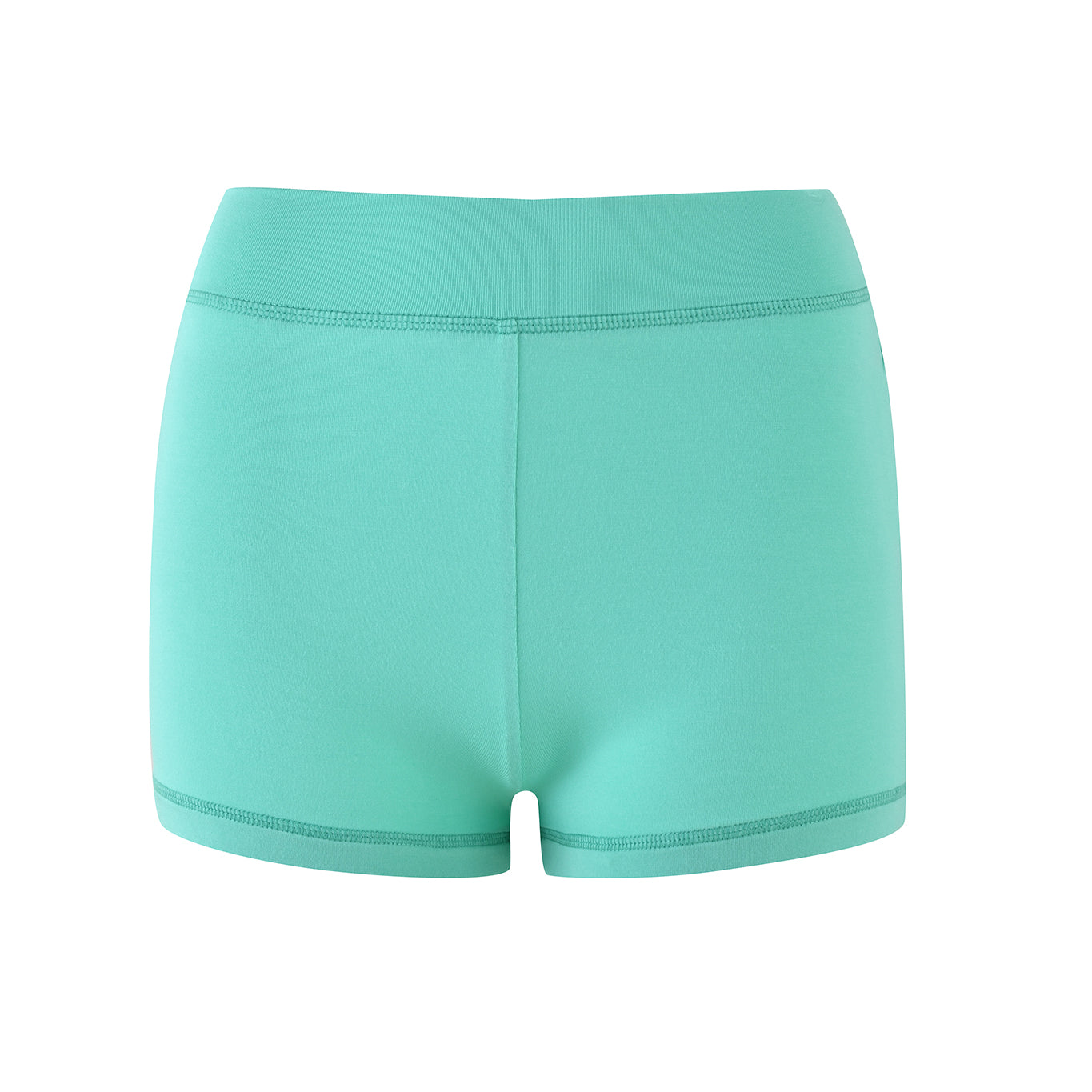 The I.AM.GIA BLARE SHORT in turquoise features a vibrant high waistband, crafted from bamboo stretch fabric. Displayed against a plain white background, these shorts boast a smooth texture with visible stitching along the waist and hem.