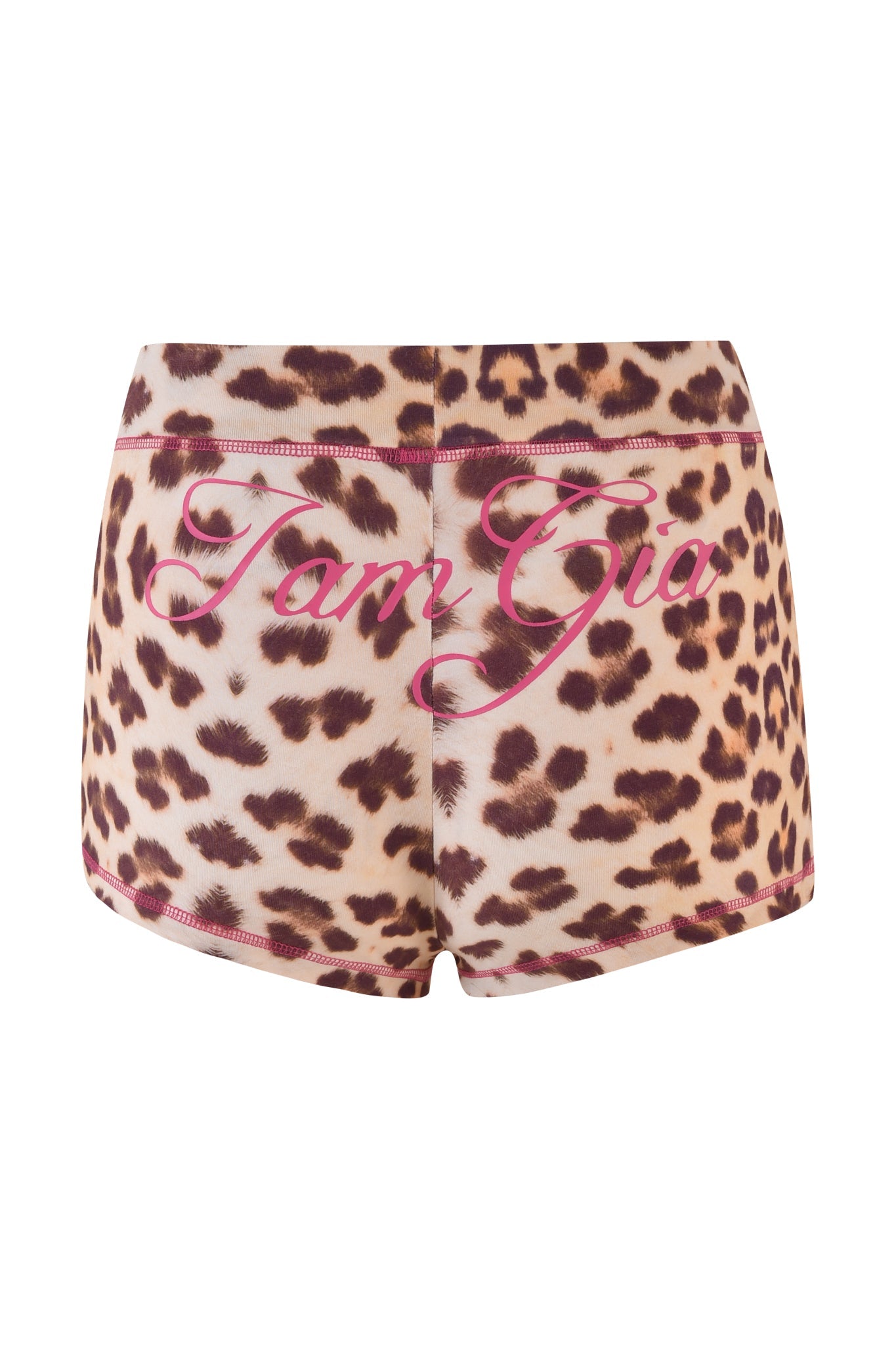 Wild Card leopard print shorts featuring vibrant pink stitching and the elegant "I.AM.GIA" script on the back. Embrace the iconic I.AM.GIA logo style in these bold, standout pieces that combine fierce design with playful details.