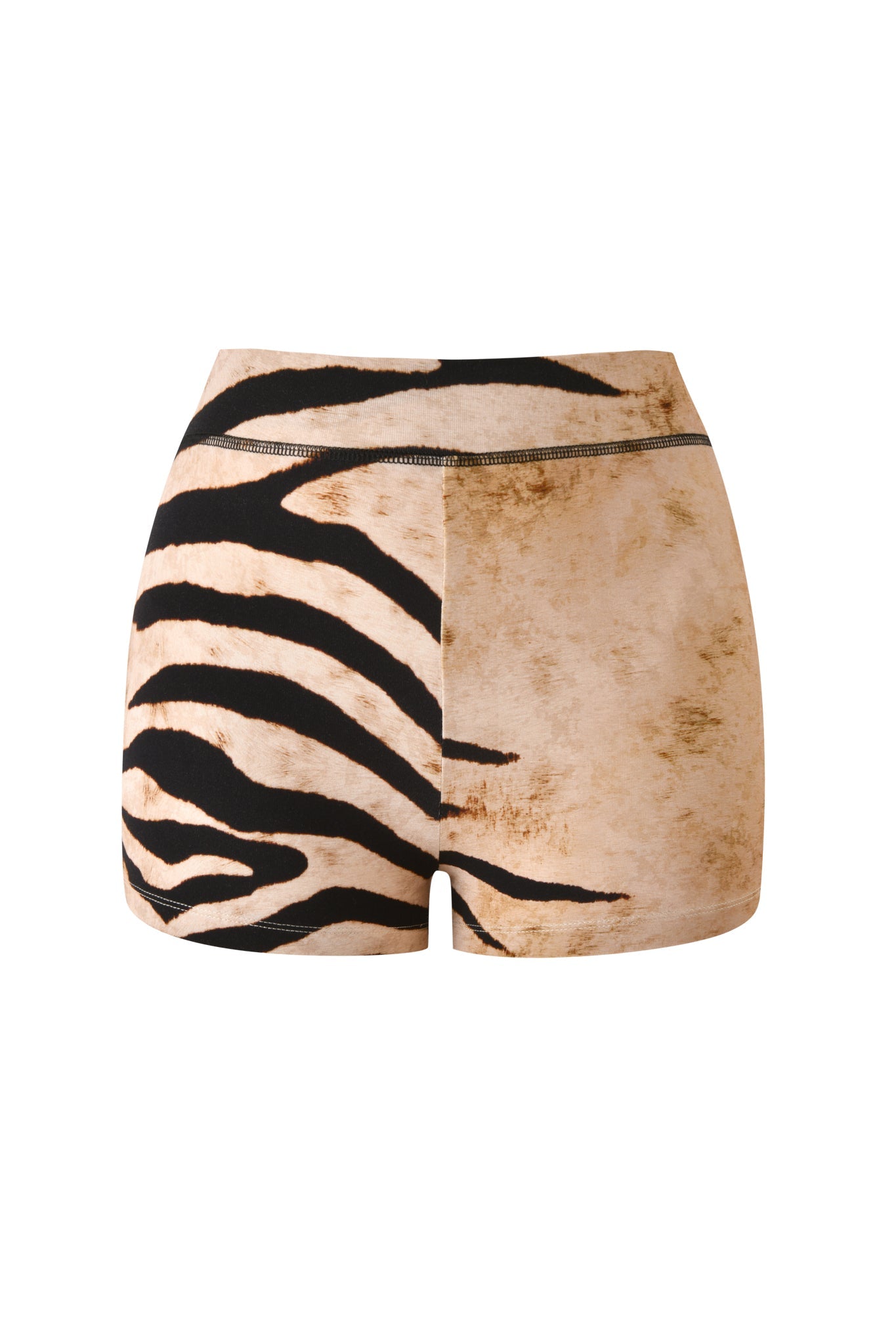 Introducing the BLARE SHORT - WILD SIDE by I.AM.GIA: these high-waisted mini shorts feature a bold split design, combining classic black and white zebra stripes on one side and a textured light tan animal print on the other. Designed with an elastic waistband for comfort and a flattering bodycon fit, these statement shorts are showcased against a white background.