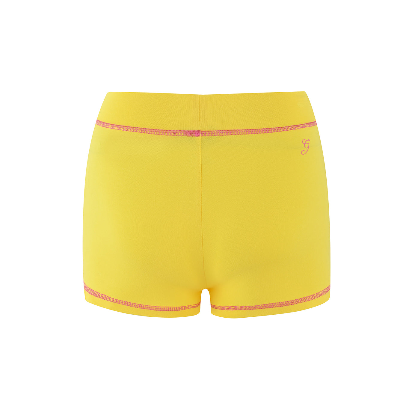 The BLARE SHORT - LEMON by I.AM.GIA features a mid-rise fit with pink trim on the waistband and leg openings. A decorative emblem on the upper right side complements the seamless back, crafted from stretchy bamboo for comfort.