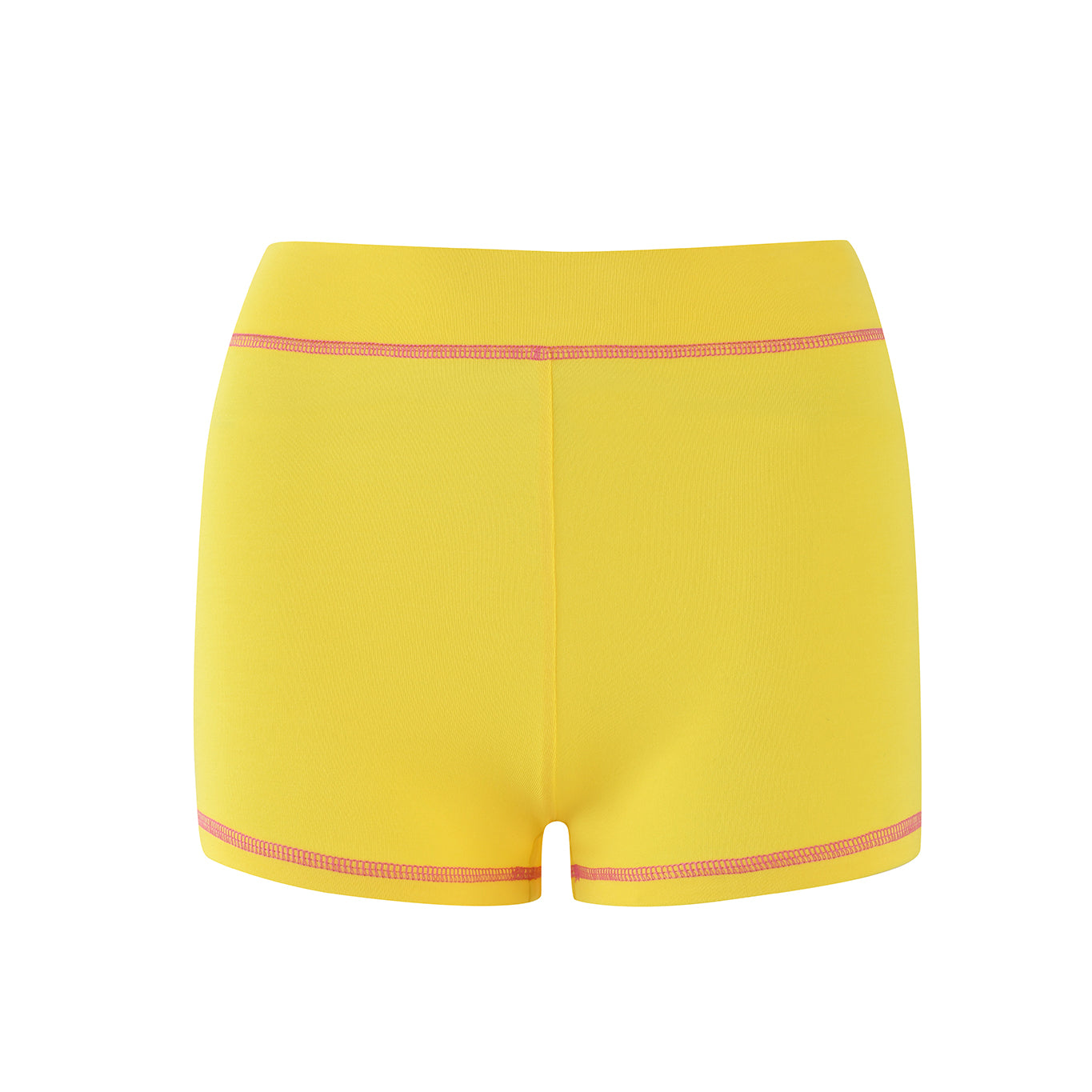 The I.AM.GIA BLARE SHORT - LEMON features a mid-rise waist and red stitching on the waistband and leg openings. Made from stretchy bamboo, these lemon yellow athletic shorts are displayed on a plain white background.