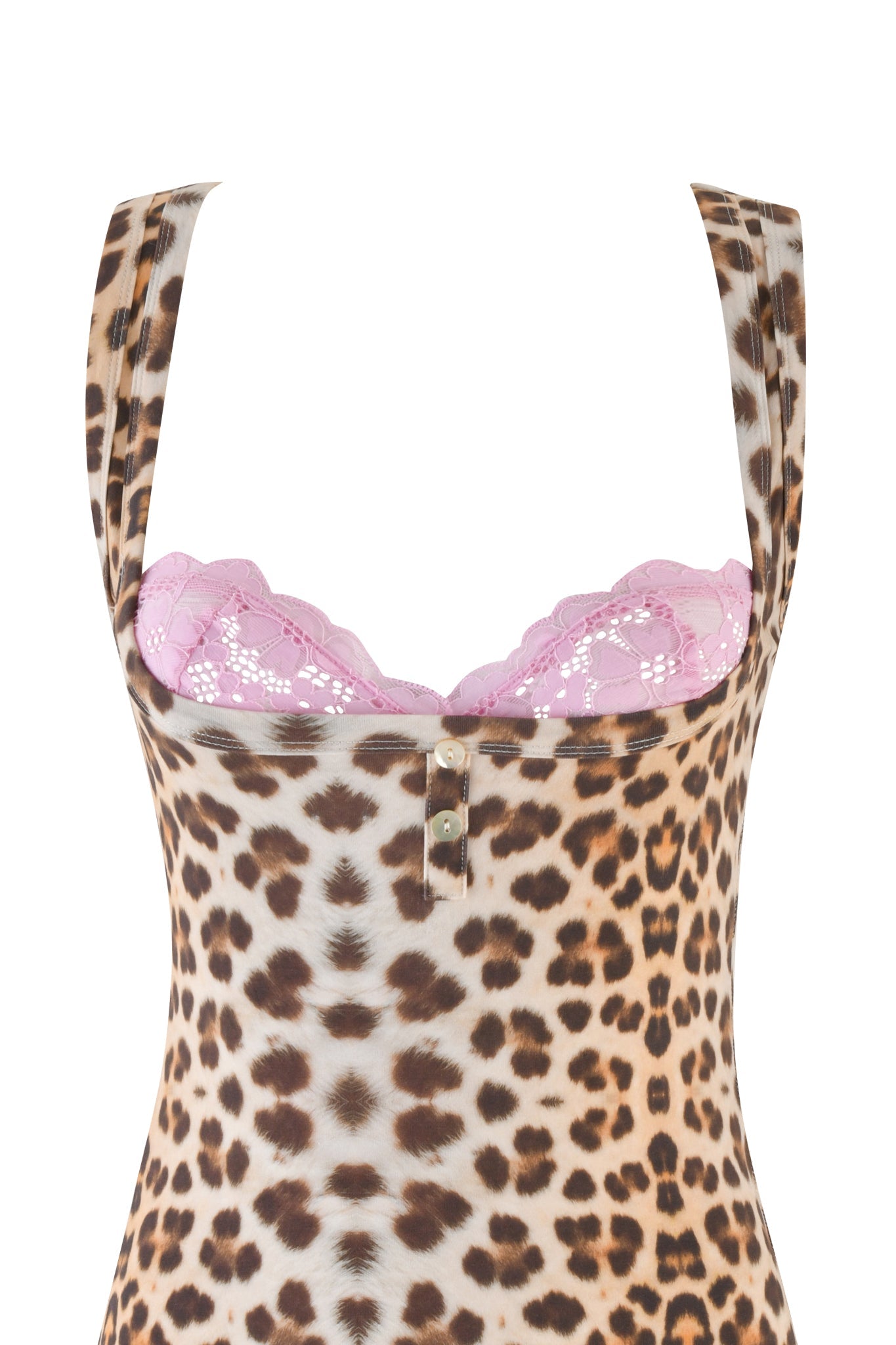 Introducing the PIPPA MINI DRESS by I.AM.GIA, a stylish sleeveless design in a leopard print with a flattering bodycon fit. It features a charming pink lace trim at the neckline and an elegant small central button detail for added allure.