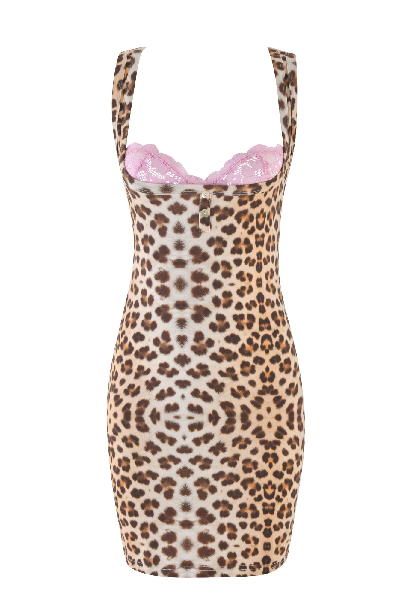 The PIPPA MINI DRESS - NEUTRAL : LEOPARD : WILD CARD by I.AM.GIA showcases a sleeveless leopard print with striking brown, black, and tan spots. A pink lace trim adorns the neckline for an elegant touch. Its bodycon fit ensures a sleek silhouette.
