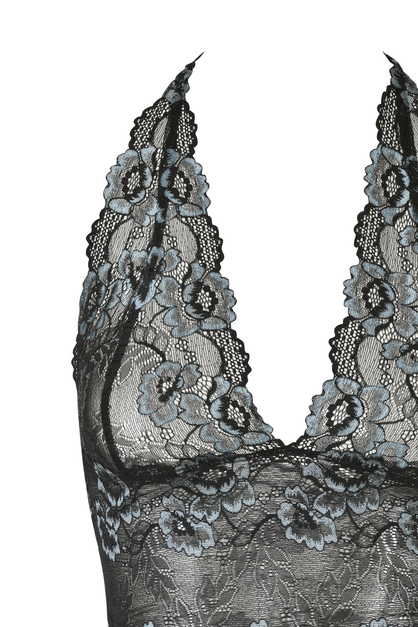 Close-up of the GEM Halter Top by I.AM.GIA, featuring a black lace design with floral patterns. The sheer fabric showcases intricate detailing, layered over a light background to highlight the design.