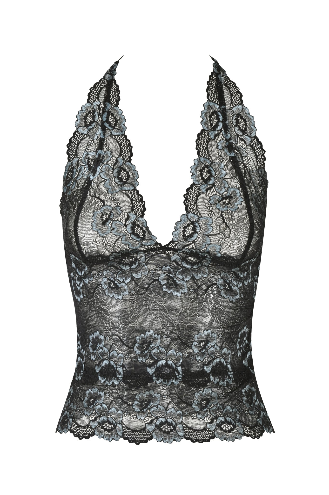 Introducing the GEM HALTER TOP - BLACK : BLACK BLUE by I.AM.GIA: This sleeveless top boasts a black lace halter design adorned with blue floral patterns and a deep V-neckline. The intricately elegant lace features a scalloped edge detailing.