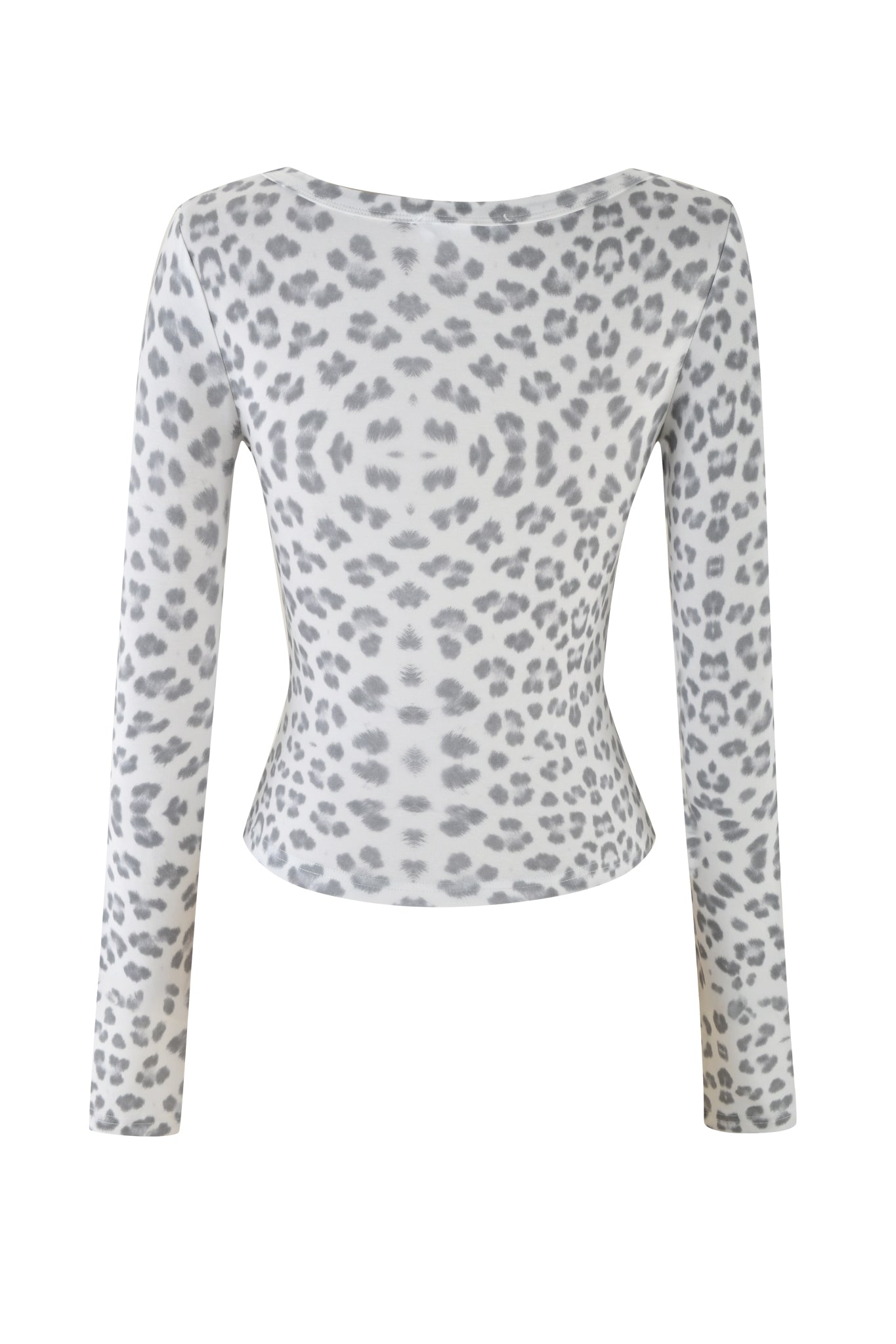 The PIPPA TOP - SNOW LEOPARD from I.AM.GIA, crafted in the Winter Wild Card collection, is showcased from the back on a plain white background. This bodycon piece highlights a gray and white snow leopard print, featuring a fitted silhouette and scoop neckline that adds an essential touch of style to any wardrobe.