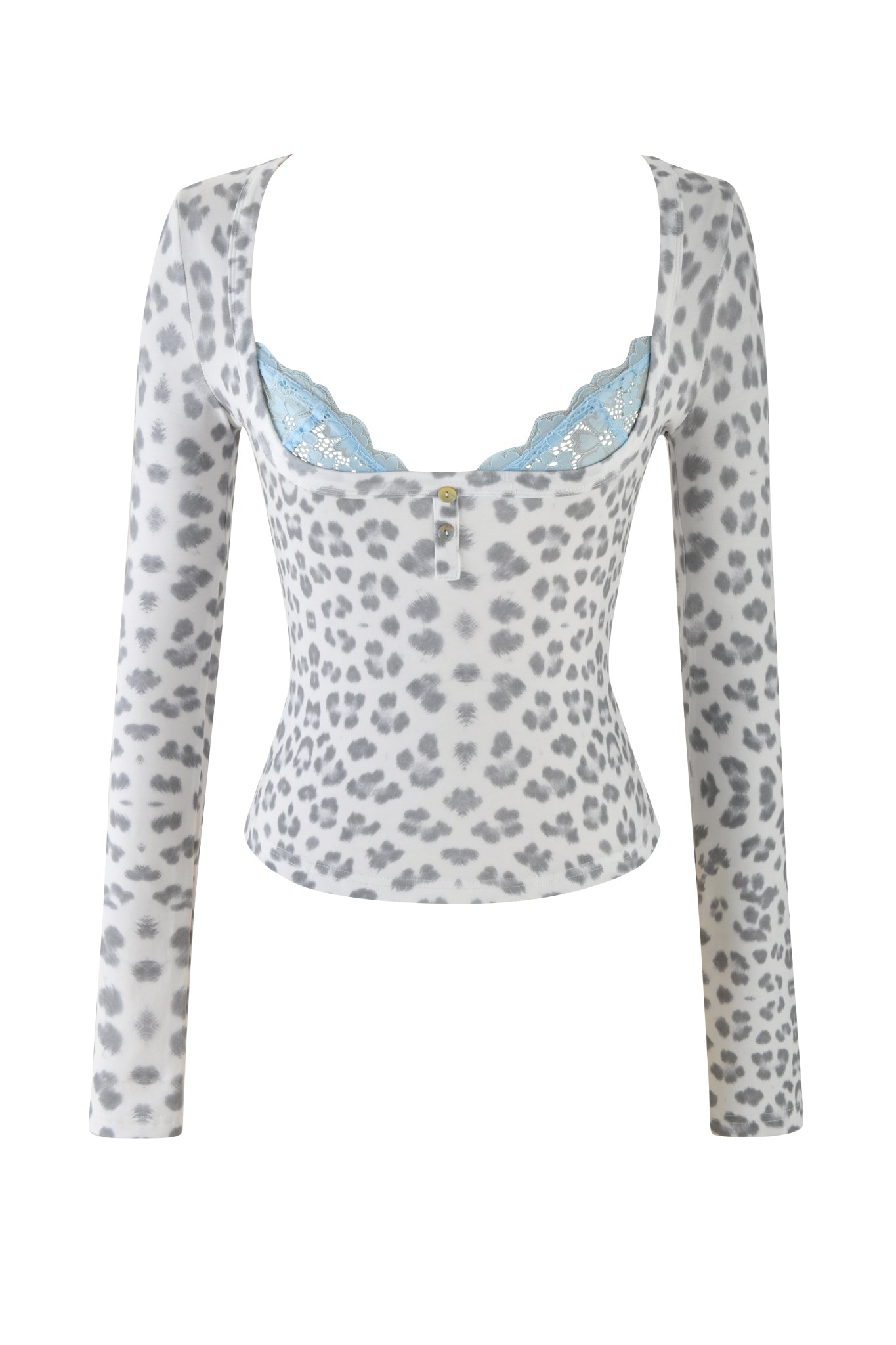The PIPPA TOP from I.AM.GIA, part of the Winter Wild Card collection, features a long-sleeved bodycon fit in a striking snow leopard colorway, accented with a square neckline and delicate blue lace trim details.