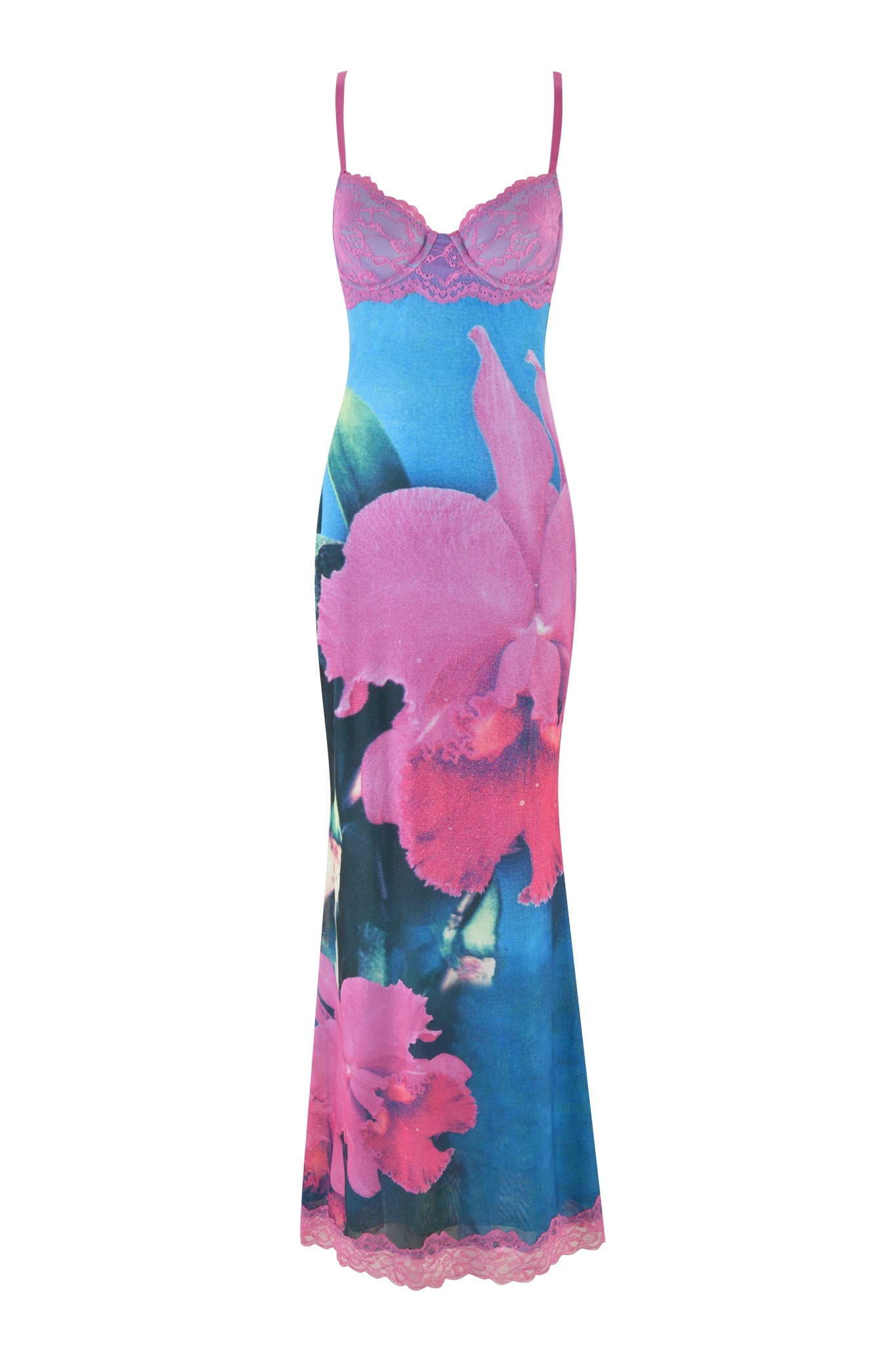Product Description: The CALYPSO MAXI DRESS by I.AM.GIA showcases a sleeveless design with thin straps and features an eye-catching pink floral pattern set against a blue backdrop, elegantly accented with lace detailing at both the neckline and hem.