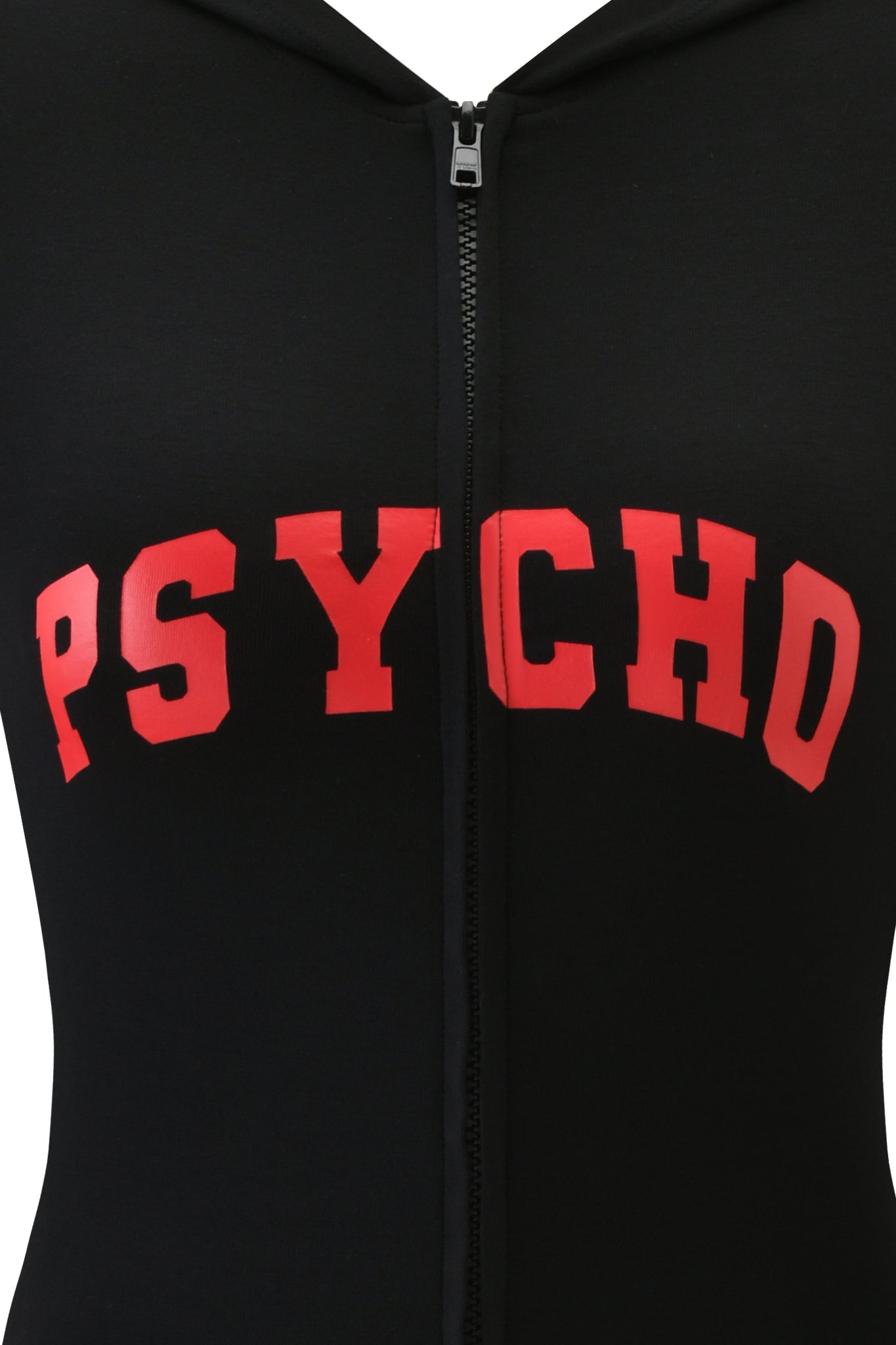 The I.AM.GIA BLARE HOODIE - BLACK PSYCHO features a black zip-up design with bold red "PSYCHO" lettering across the chest, embodying the brand's edgy style.