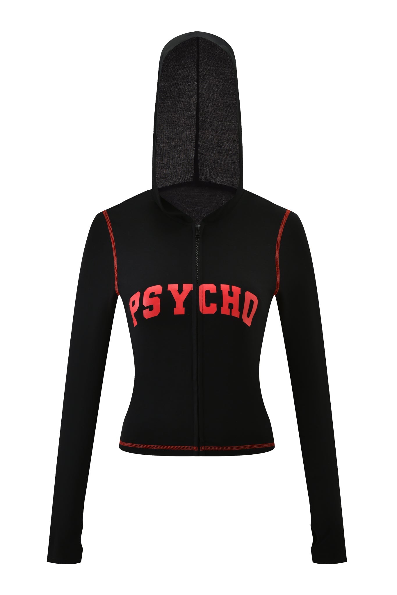 The I.AM.GIA BLARE HOODIE - BLACK PSYCHO is a fitted, cropped black hoodie with long sleeves, red stitching, a zip-up front, bold red "PSYCHO" print on the chest, and a stylish hooded design.