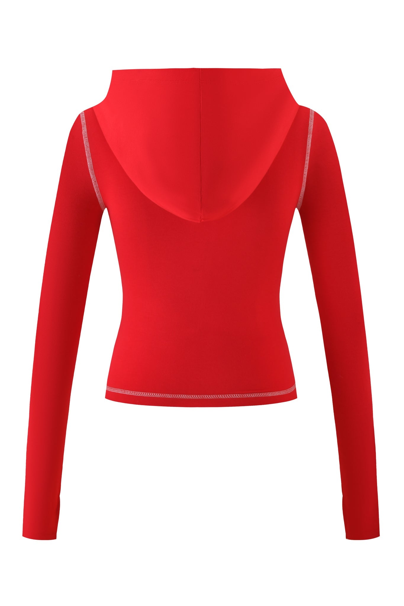 Back view of the BLARE HOODIE - RED : PSYCHO : SALSA by I.AM.GIA, showcasing long sleeves, a bodycon fit, and contrasting white stitching at seams and hem. The design is minimal with no visible logos or graphics.