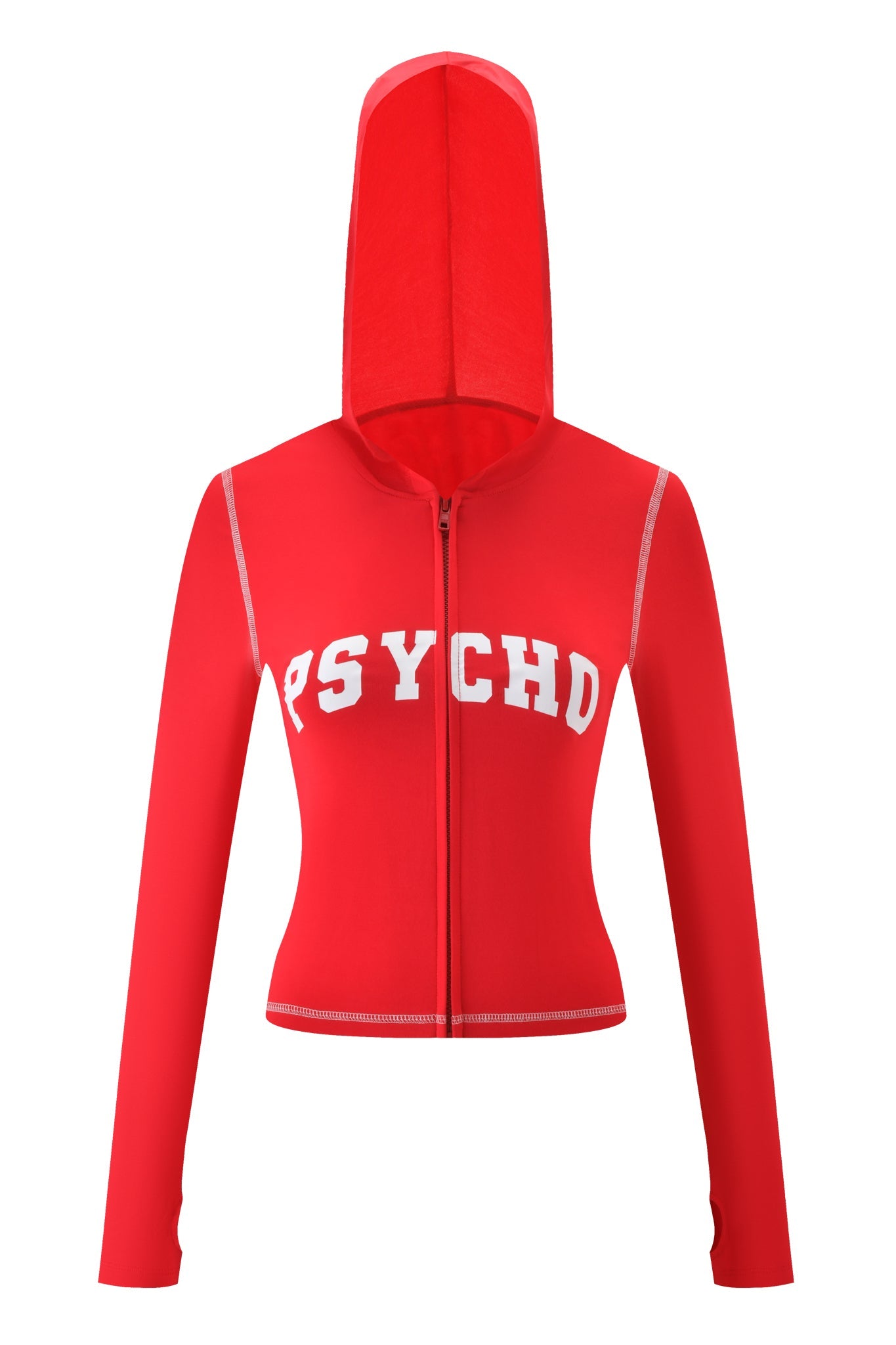The I.AM.GIA BLARE HOODIE - RED : PSYCHO : SALSA is a bright red, fitted, cropped zip-up hoodie with white stitching and "PSYCHO" bold on the chest; it features long sleeves and a hooded design.