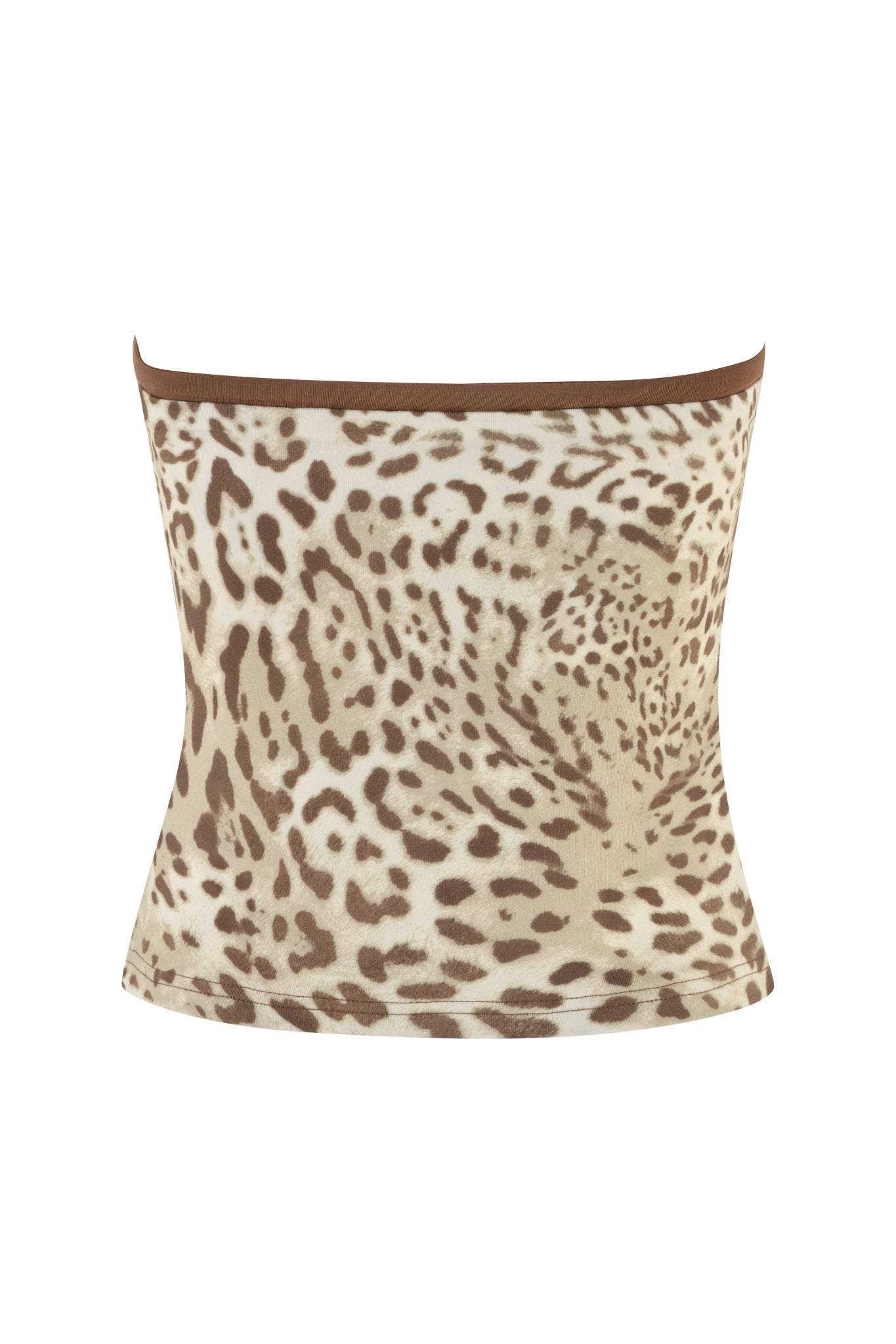 The MICHELLE BOOB TUBE - NEUTRAL : LEOPARD LIMBO by I.AM.GIA is a strapless beige and brown leopard print top with a bodycon fit, accented by a chic brown trim along the top edge. Set against a white backdrop, it exudes effortless allure ideal for any Leopard Limbo event.
